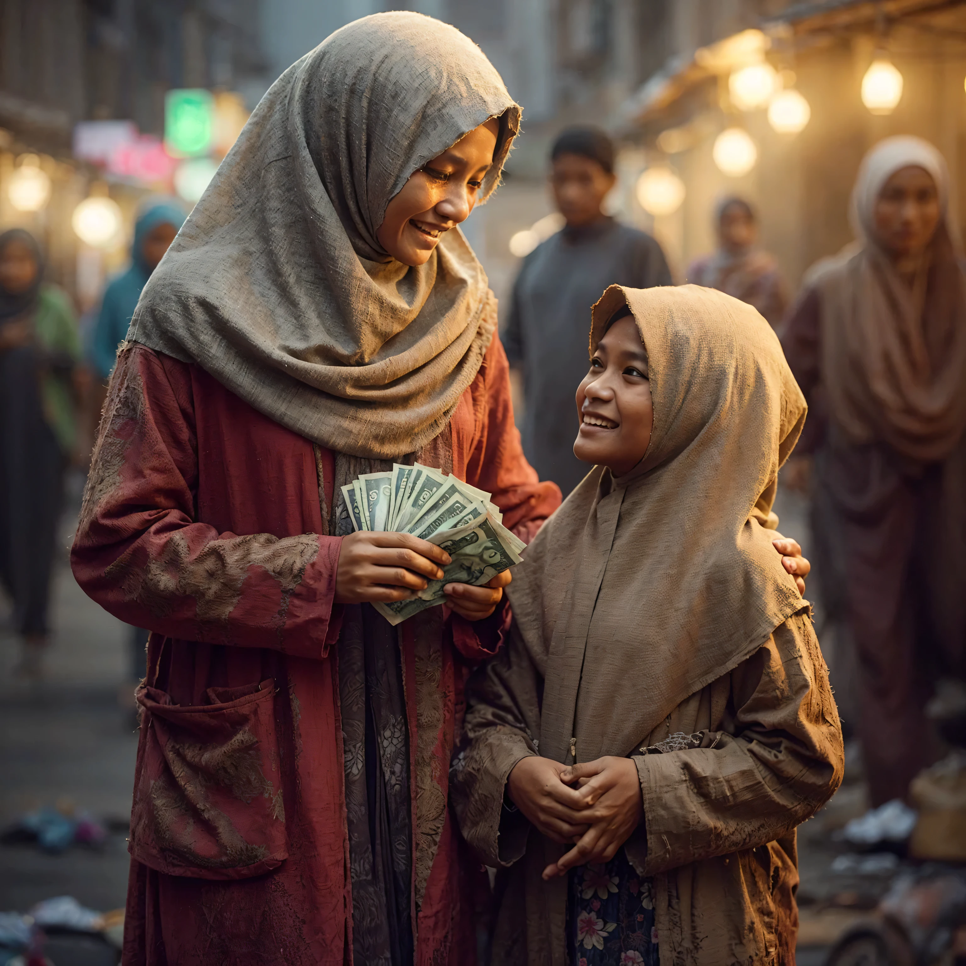 realistic image of an Indonesian middle-aged mother dressed in slightly worn and dirty beggar's clothes, wearing a hijab, buying new clothes for her 11-year-old daughter, the mother holding money, both faces beaming, evening atmosphere, background of a Ramadan bazaar