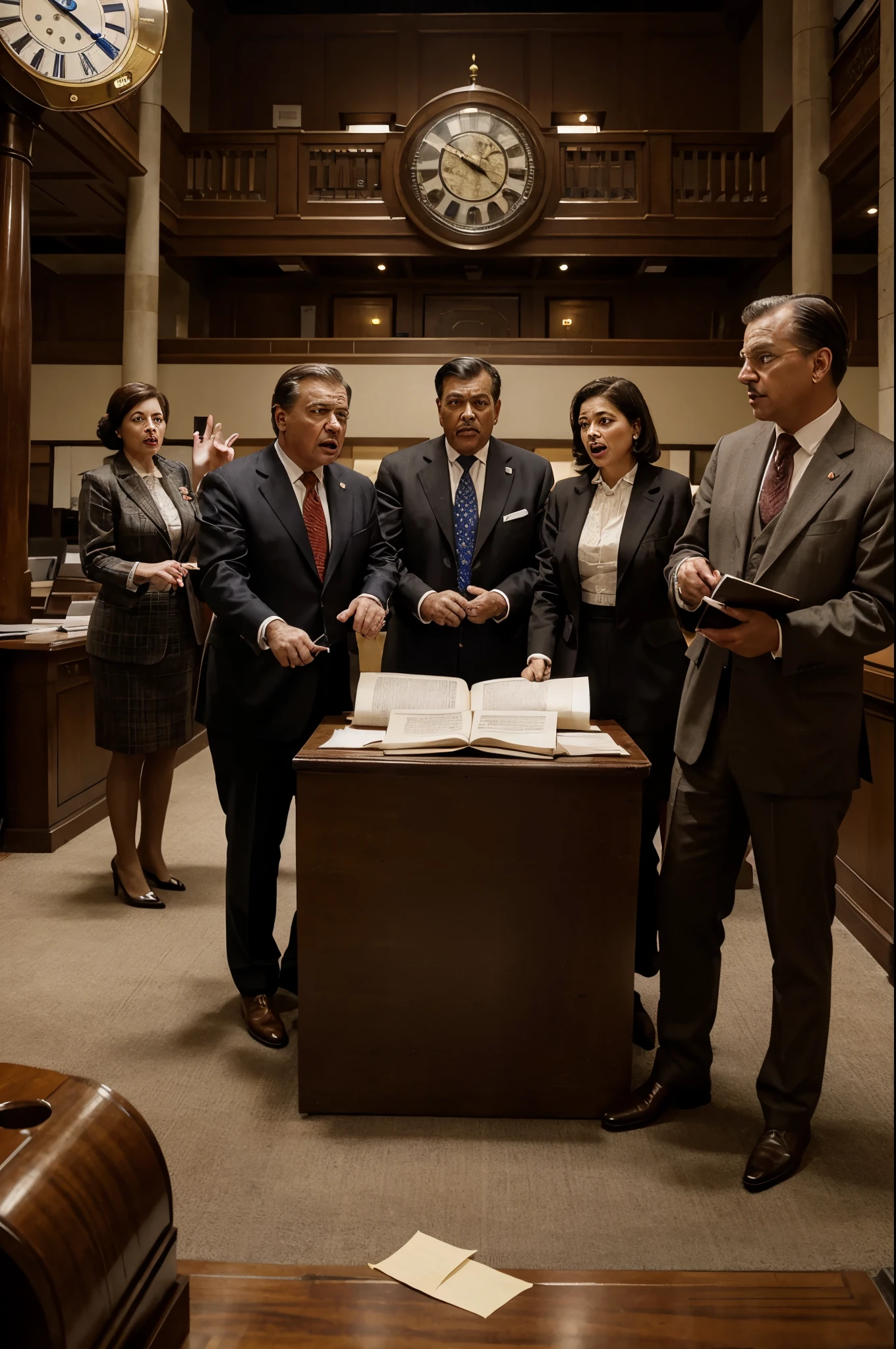 Depicts a group of politicians wearing old-fashioned attire, surrounded by piles of paperwork and outdated technology. They are shown arguing and pointing fingers at each other, with a large clock in the background showing it's stuck at an earlier time, symbolizing stagnation and inefficiency.