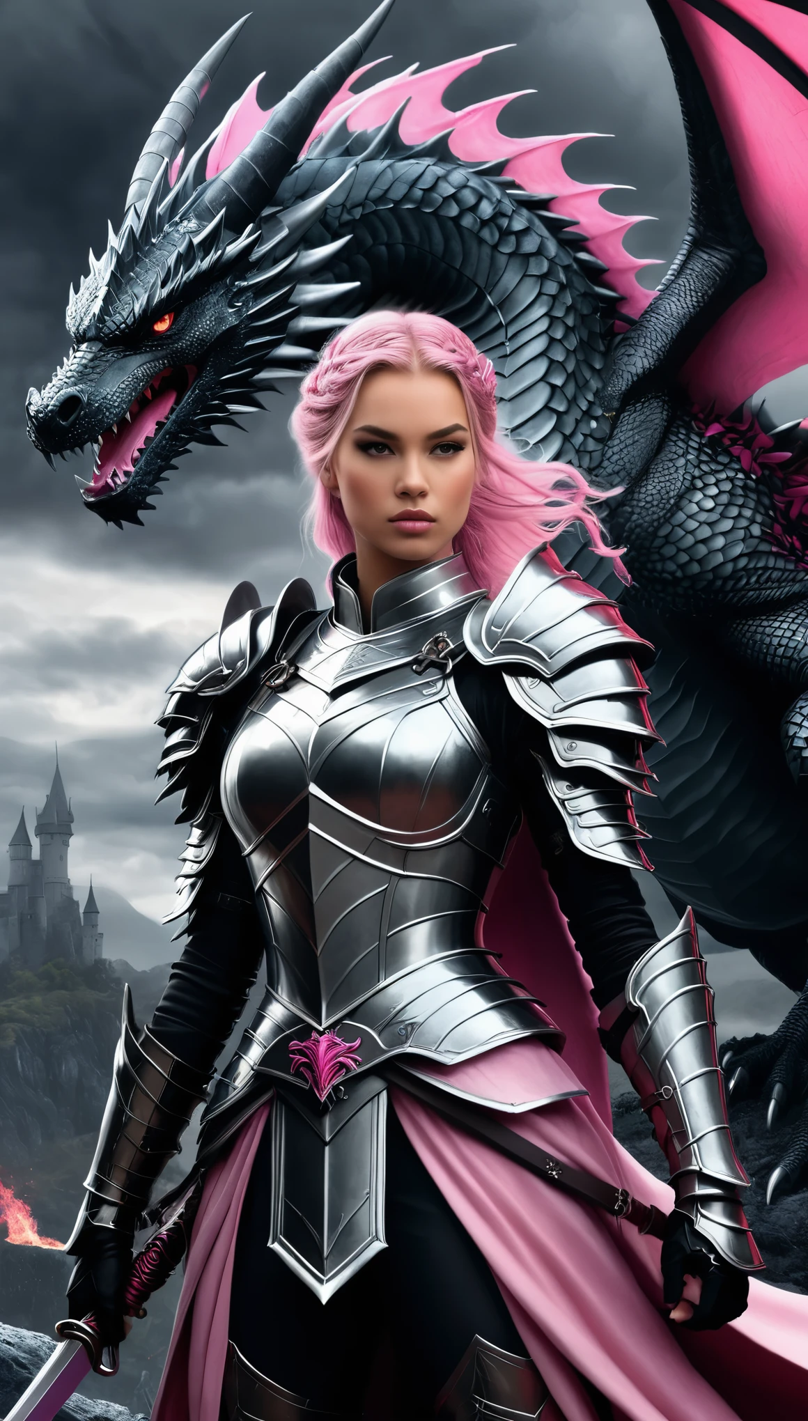 Create a detailed illustration featuring a knight warrior princess holding fairypunk weapons, set against a black canvas with sinister landscapes. The scene should include a dragon breathing fire next to the warrior princess. The color scheme should focus on light gray and pink, creating a stark contrast. The illustration should be full of energy and very detailed, capturing the essence of a fierce warrior princess and her powerful dragon in a foreboding yet captivating landscape.