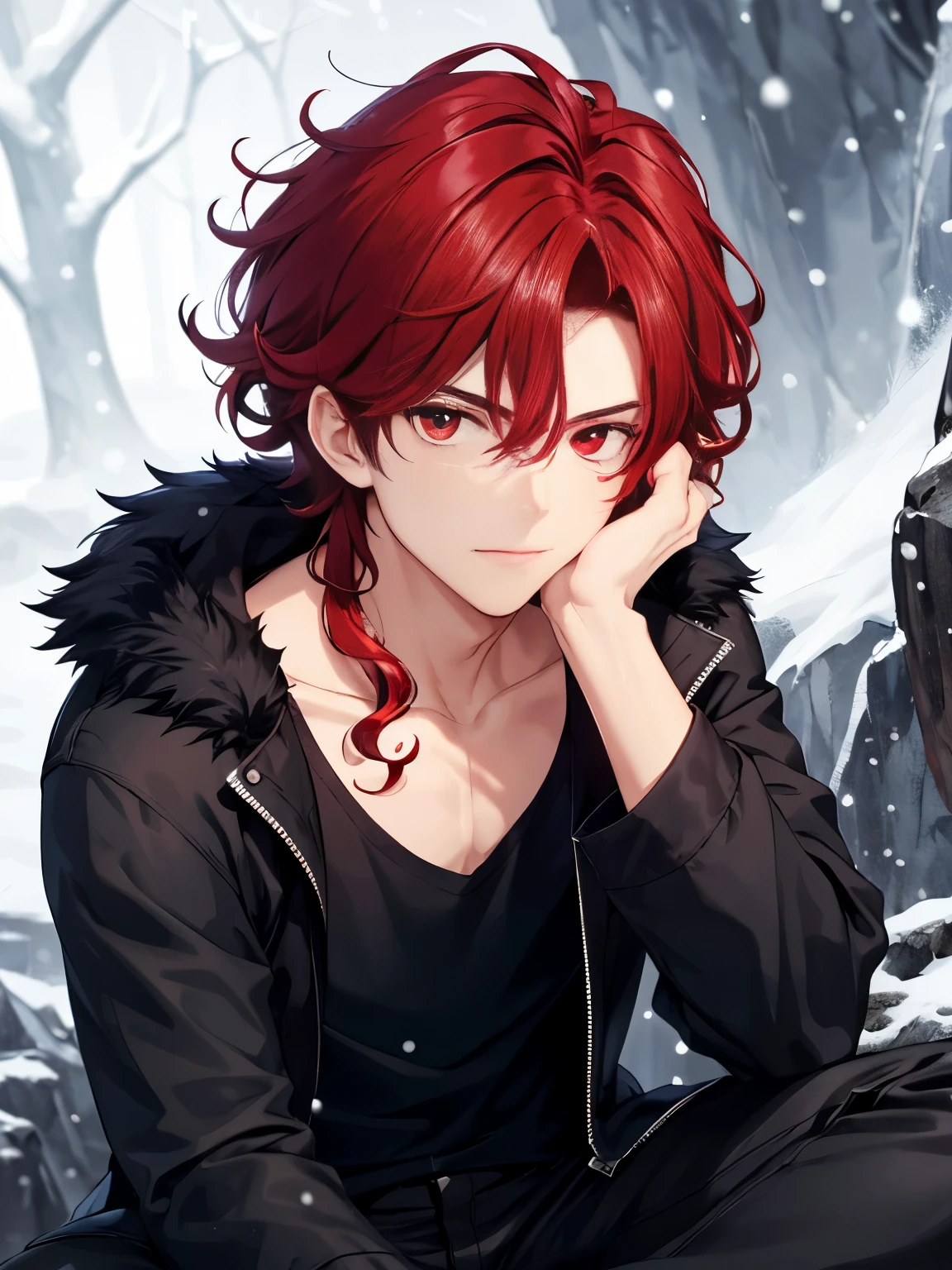 1boy, cool style,looking at viewer,Black t-shirt,sitting in the cave, close up photo,snowing,handsome,Shoulder length hair,curly hair, red hair,black trousers, black shirt, black fur jacket,Holding a black bear,red eyes, vampire