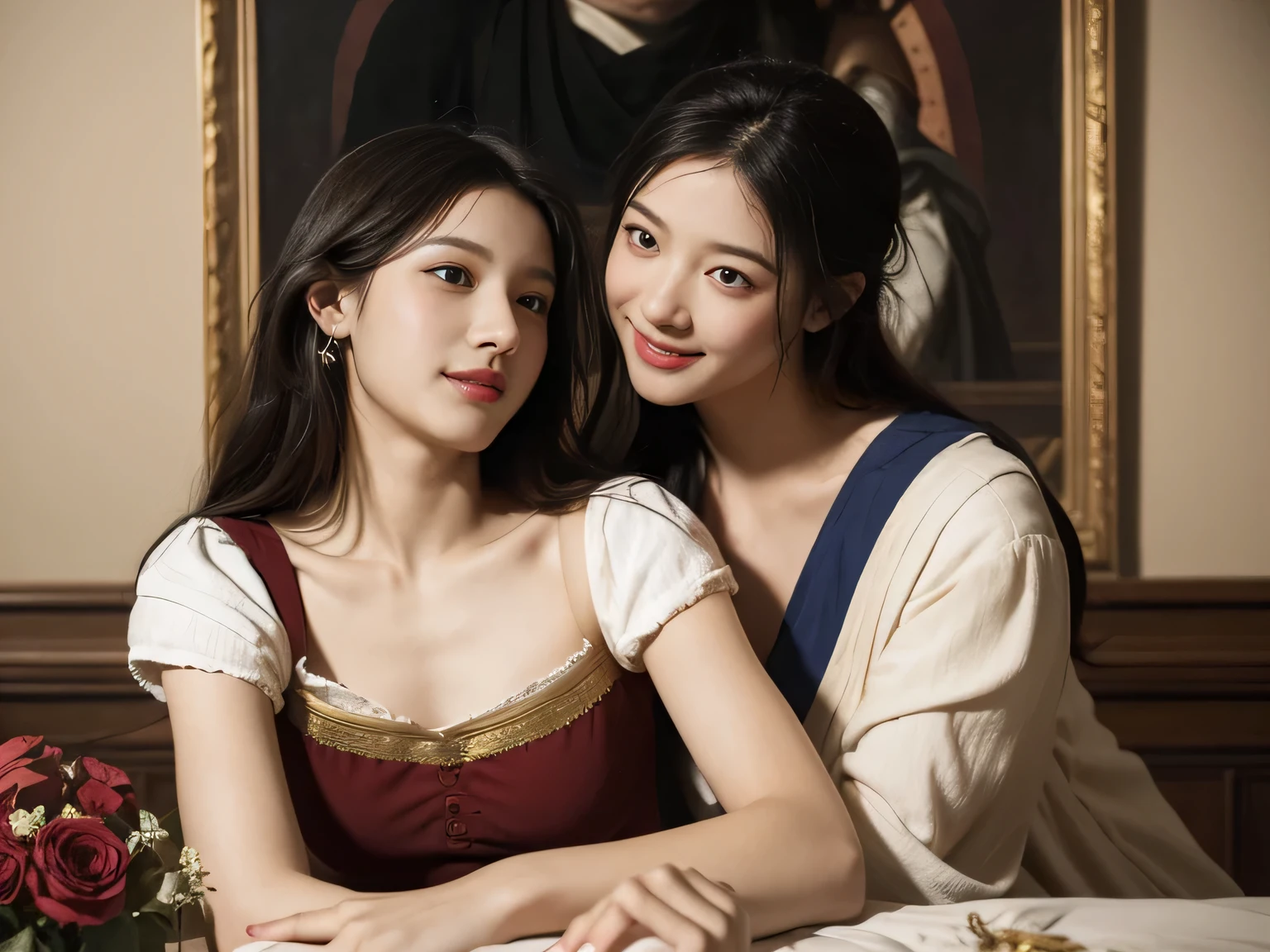 Giorgione painting style,Arguments of two female Philosophe,math、astronomical machine、astronaut、roses in vase、fruits、Cute trinkets、smile、ancient greek costume、Ancient Roman landscape in the style of Nicolas Poussin,laughter,,Sweet and seductive appearance.、Caravaggio's paintings、Chiaroscuro of Caravaggio、hair tousled by the wind,Two women frolicking,cute smile, expression of ecstasy,Sexy,erotic