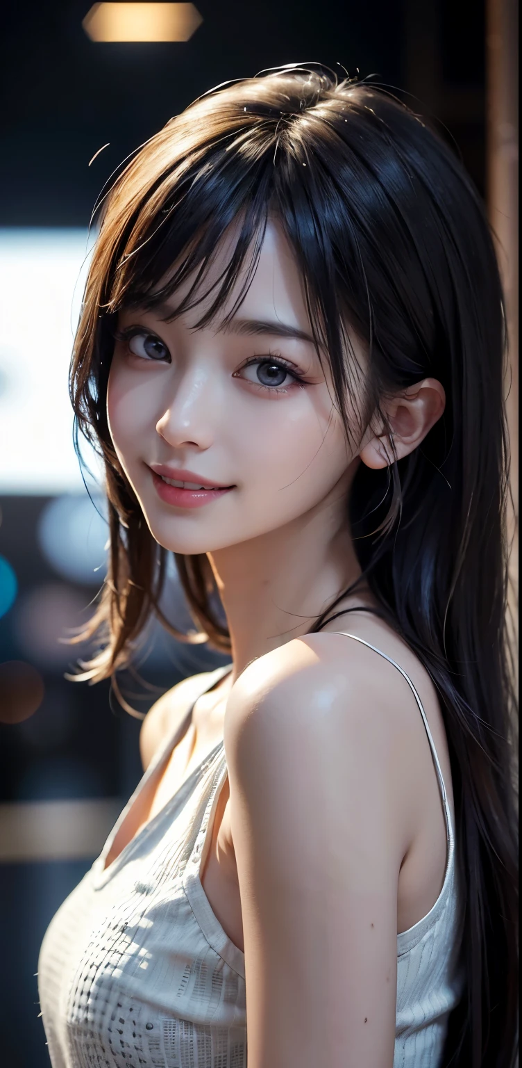 Masterpiece, 1 Beautiful Girl, Detailed, Swollen Eyes, Top Quality, Ultra High Resolution, (Reality: 1.4), Original Photo, 1Girl, Cinematic Lighting, Smiling, Japanese, Asian Beauty, Korean, Clean, Super Beautiful, Little Young Face, Beautiful Skin, Slender, Cyberpunk Background, (ultra realistic), (high resolution), (8K), (very detailed), (best illustration), (beautifully detailed eyes), (super detailed), (wallpaper), (detailed face), viewer looking, fine detail, detailed face, pureerosfaceace_v1, smiling, 46 point slanted bangs, looking straight ahead, neat clothes, dark colored eyes, clothes sleeveless, body facing front,