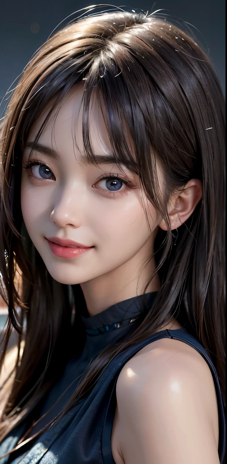 Masterpiece, 1 Beautiful Girl, Detailed, Swollen Eyes, Top Quality, Ultra High Resolution, (Reality: 1.4), Original Photo, 1Girl, Cinematic Lighting, Smiling, Japanese, Asian Beauty, Korean, Clean, Super Beautiful, Little Young Face, Beautiful Skin, Slender, Cyberpunk Background, (ultra realistic), (high resolution), (8K), (very detailed), (best illustration), (beautifully detailed eyes), (super detailed), (wallpaper), (detailed face), viewer looking, fine detail, detailed face, pureerosfaceace_v1, smiling, 46 point slanted bangs, looking straight ahead, neat clothes, dark colored eyes, clothes sleeveless, body facing front,