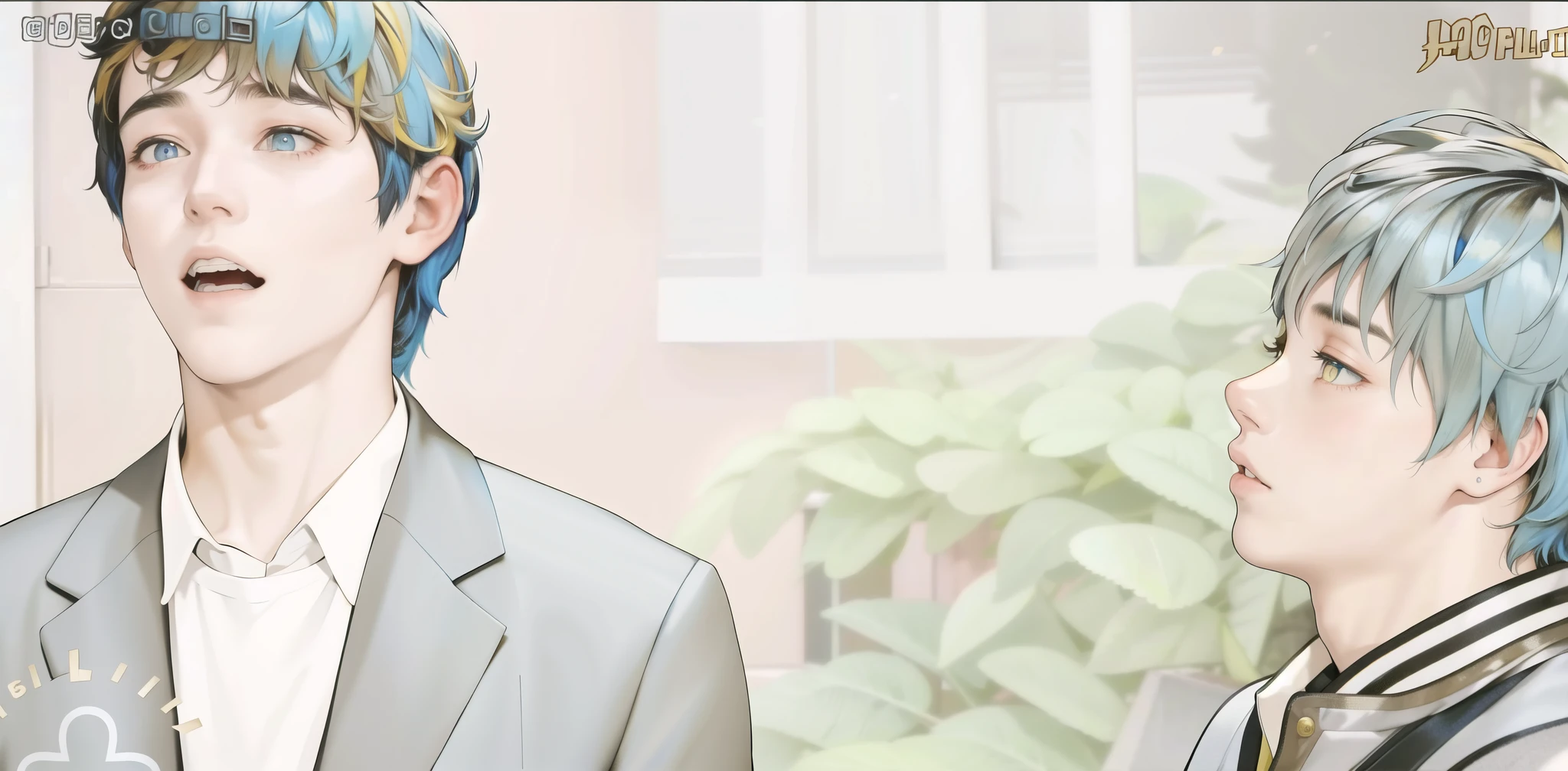 A 16-year-old boy with blue hair is facing another boy with yellow hair and golden eyes.