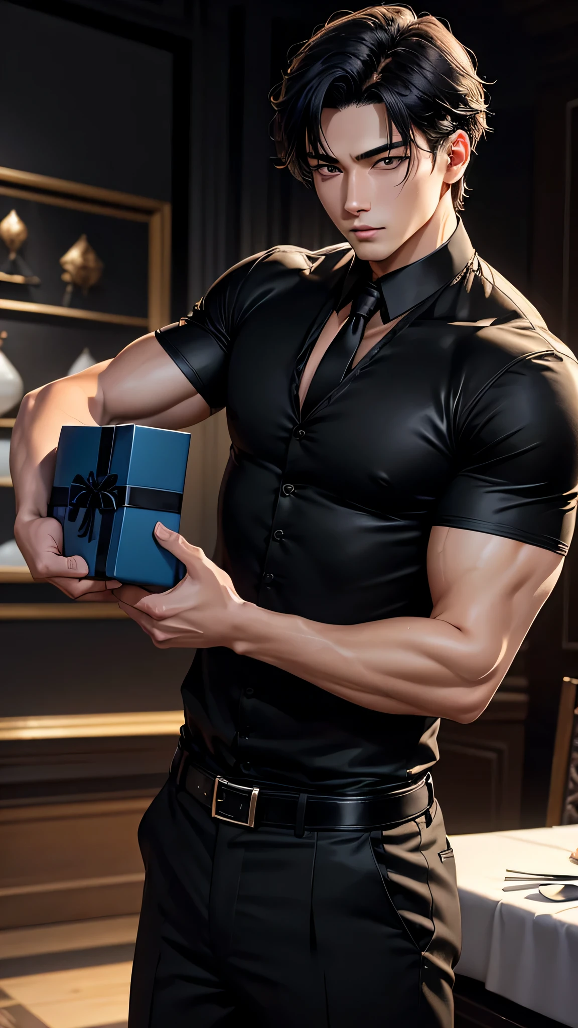 最high quality、best image quality、masterpiece、male((20-year-old、 By becoming、muscular、black Y-shirt、black suit、black tie、black hair、shortcut、give me a gift)),high quality、beautiful art、background((fine dining restaurant))、Flight、debris flies、Depth of written boundary、movie、visual art、perfect art、8K,genuine、Dynamic Performance