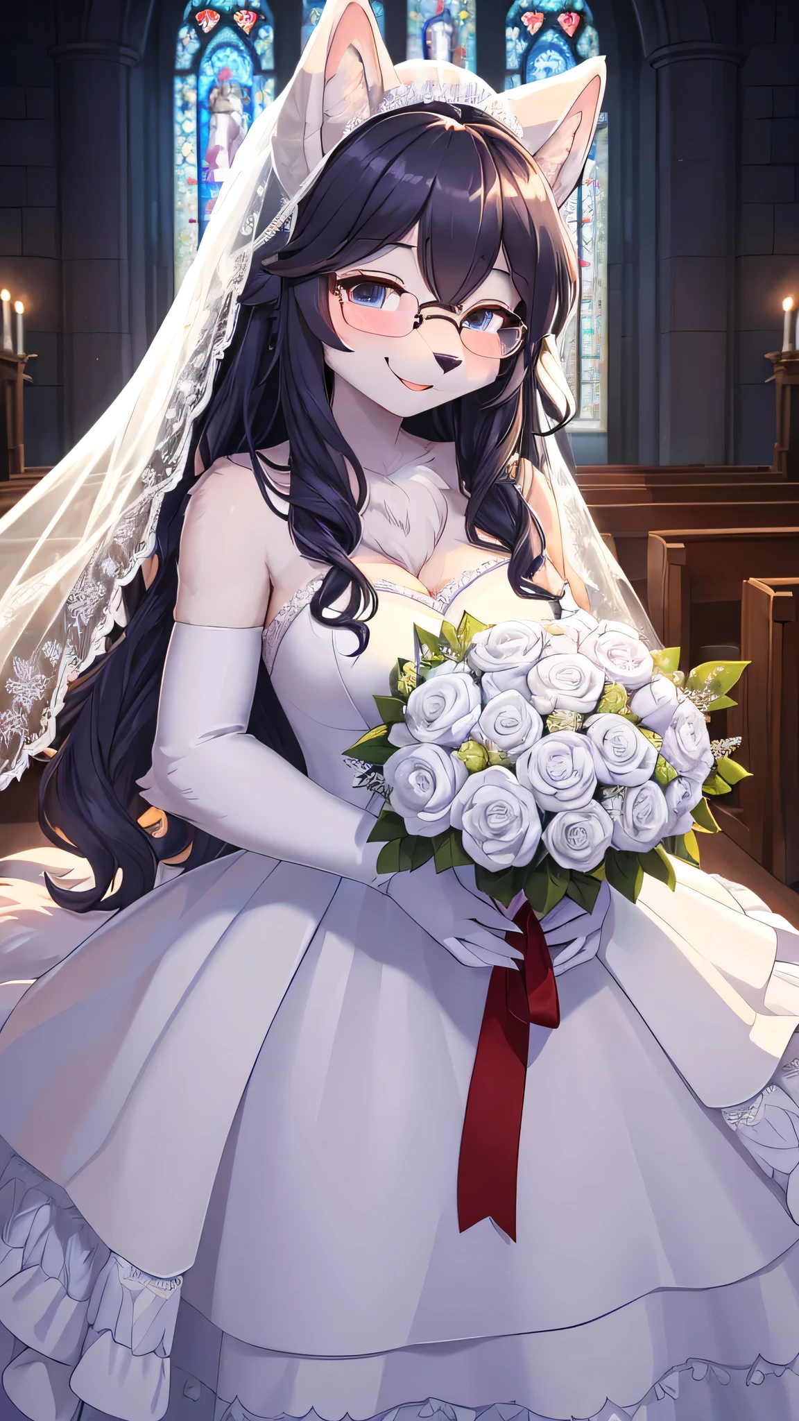 (fluffy anthro furry :1.6),wolf girl,dark blue long hair,wavy hair,light grey fur,neck fur,ultra detailed fur,glasses, wedding dress,white glove,veils, church, looking at viewer,full face blush,big smile,squint eye,happy face,fang,holding bouquet,heart eyes,upper body only
