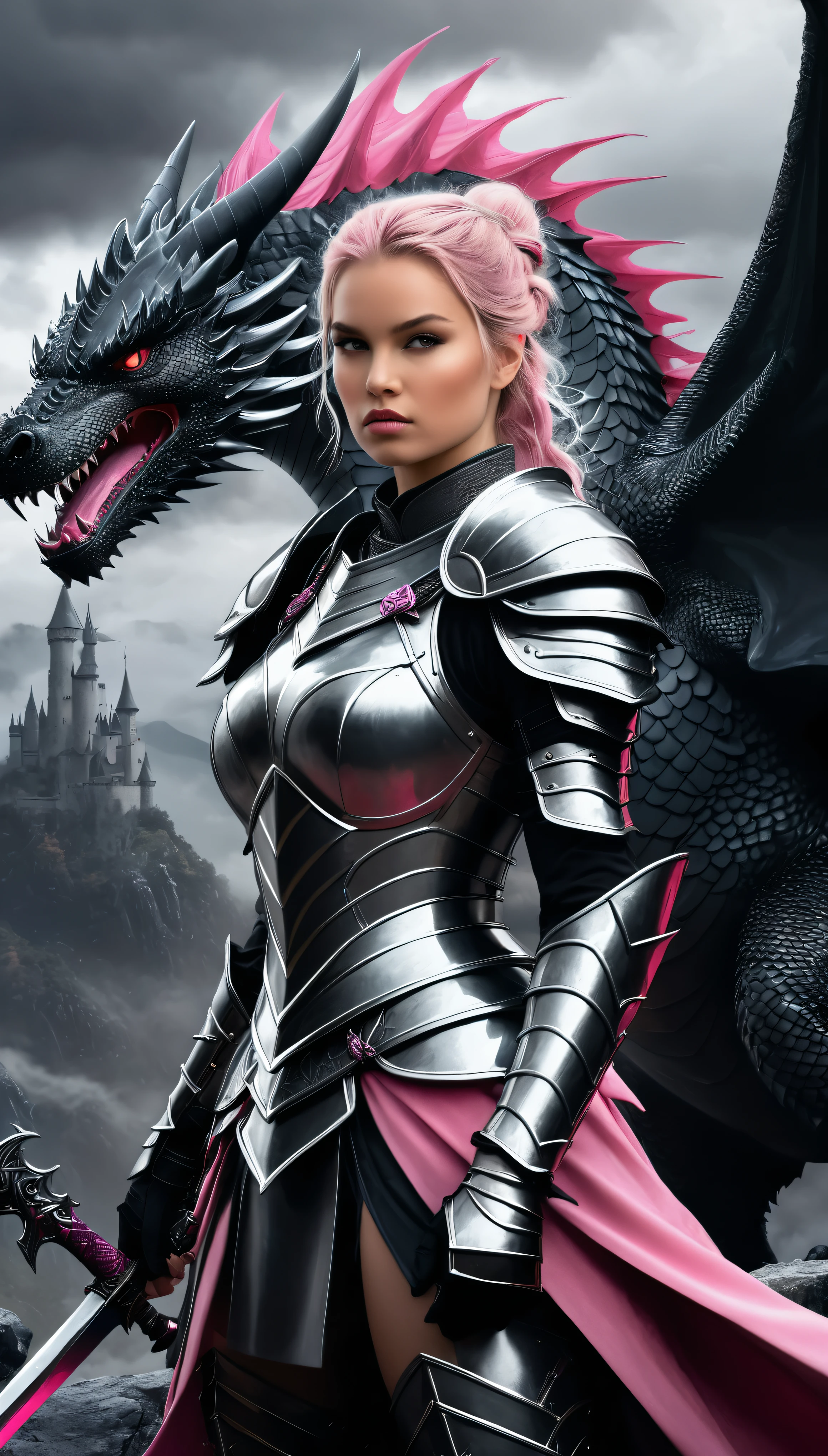 Create a detailed illustration of a knight warrior princess holding fairypunk weapons, contra uma tela preta com paisagens sinistras. The scene should include a fire-breathing dragon alongside the warrior princess. O esquema de cores deve focar em cinza claro e rosa, criando um contraste gritante. The illustration must be full of energy and very detailed, capturing the essence of a fierce warrior princess and her mighty dragon in a foreboding landscape, mas cativante.