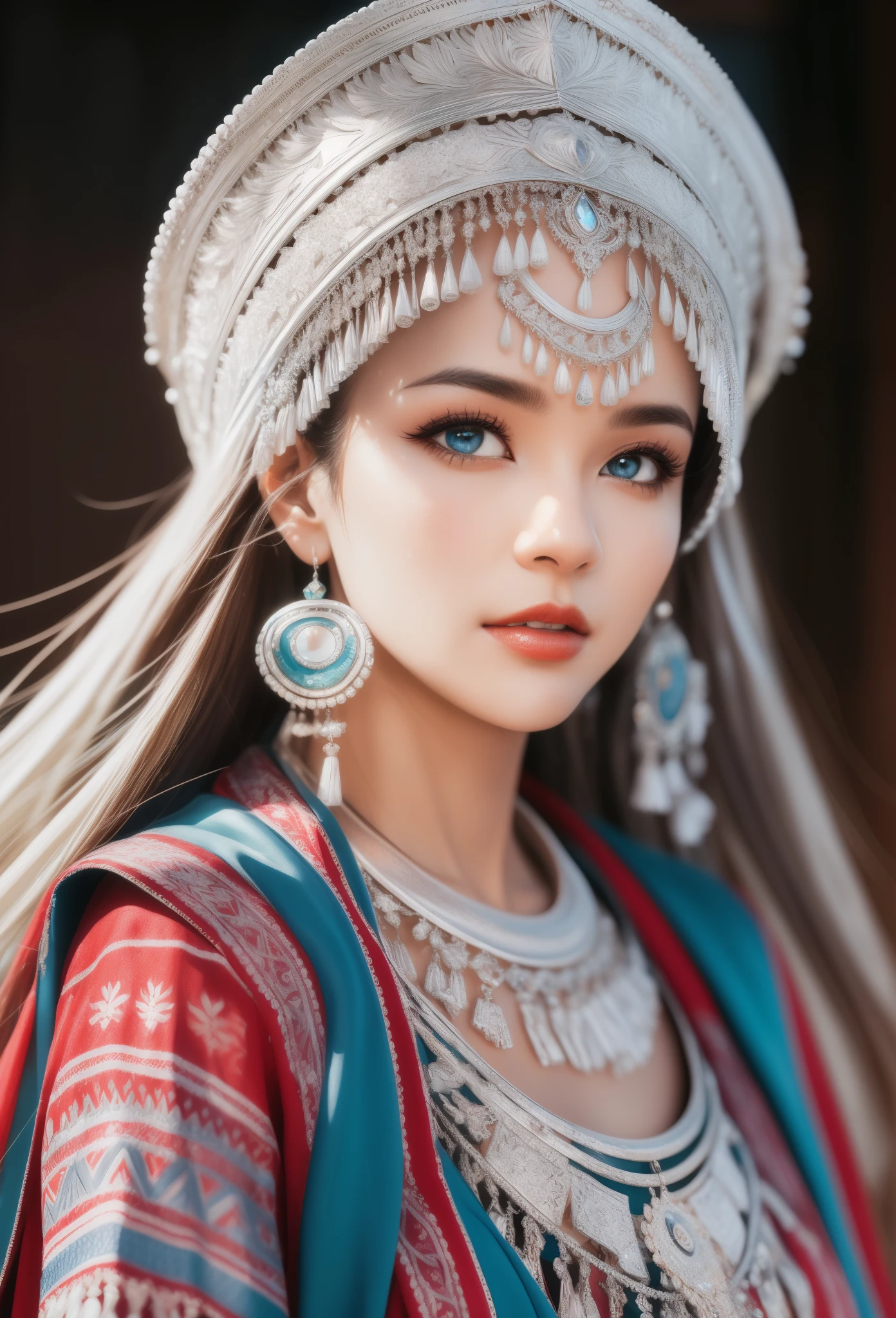 (masterpiece，high quality，8K).art photography，medium shot，symmetry，beautiful girl，exquisite facial features，Skin details，Bright Eyes，unique，minority，Exaggerated headdress，tassels on hat，exaggerated jewelry，Silver crown：1.5，silver tiara：1.37，dark ethnic clothing，Look at the camera，Look at the audience，Red and black as main colors，blur background