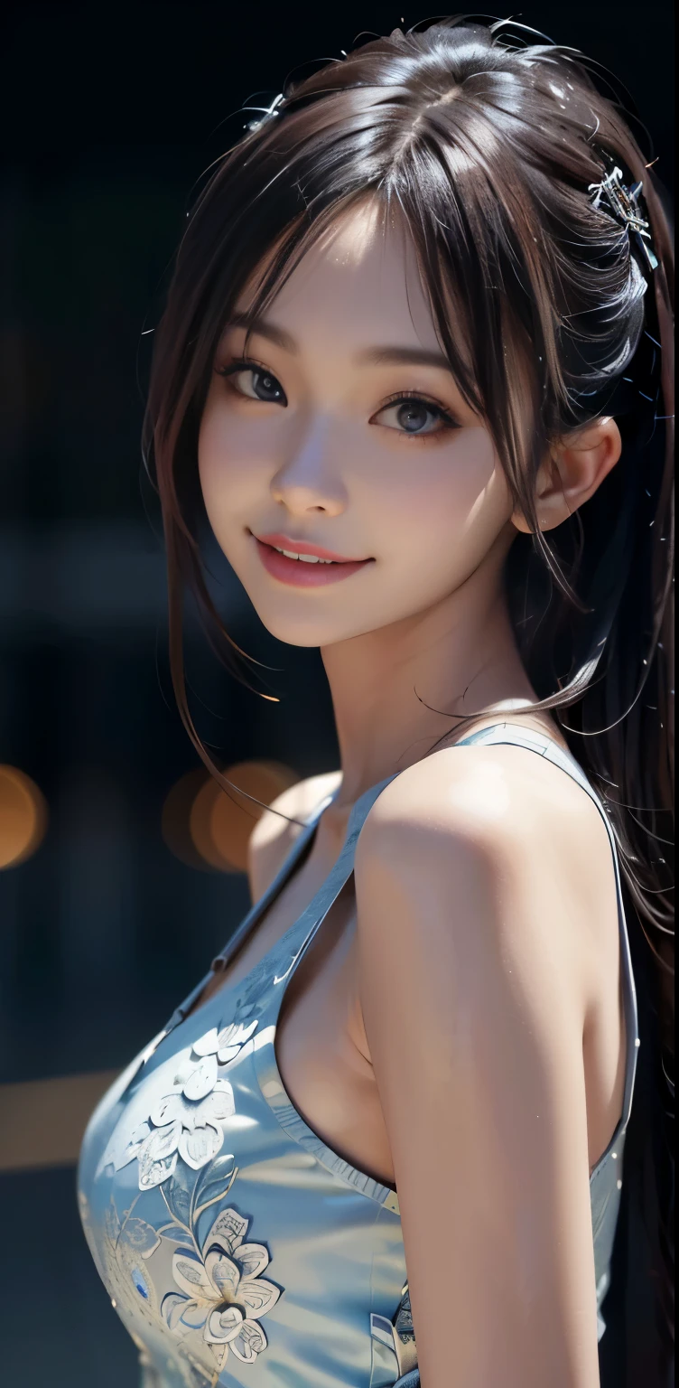 Masterpiece, 1 Beautiful Girl, Detailed, Swollen Eyes, Top Quality, Ultra High Resolution, (Reality: 1.4), Original Photo, 1Girl, Cinematic Lighting, Smiling, Japanese, Asian Beauty, Korean, Clean, Super Beautiful,  Young Face, Beautiful Skin, Slender, Cyberpunk Background, (ultra realistic), (high resolution), (8K), (very detailed), (best illustration), (beautifully detailed eyes), (super detailed), (wallpaper), (detailed face), viewer looking, fine detail, detailed face, pureerosfaceace_v1, smiling, 46 point slanted bangs, looking straight ahead, neat clothes, dark colored eyes, clothes sleeveless, body facing front,