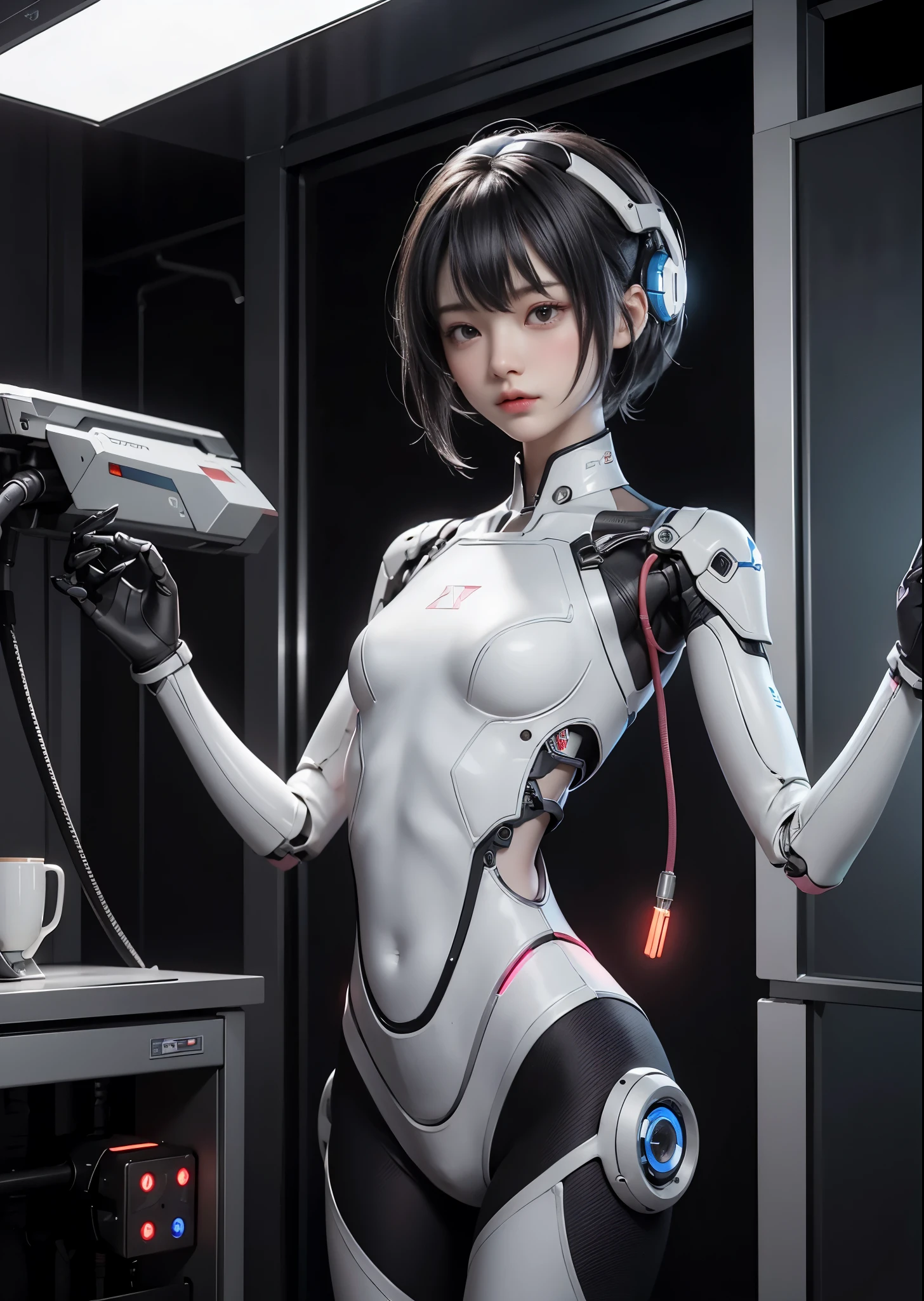Beautiful full body photo of cute mechanical cyberpunk battle angel Alita, Translucent lacework mechanical limbs and body, blood vessels connected to tubes,mechanical vertebra attaching to the back, mechanical cervical attaching to neck, wires and cables connecting to head, Realistic details, shadowy, Octane Render, 8K, Ultra ultra detail, highly intricate detail, Realistic light, Trending on CGSociety, Big eyes, neon details, Depth of field f/2.8