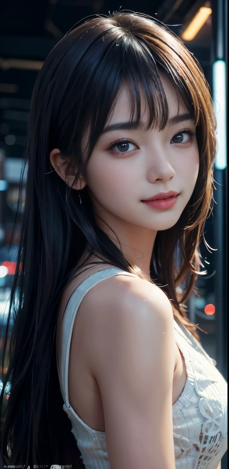 Masterpiece, 1 Beautiful Girl, Detailed, Swollen Eyes, Top Quality, Ultra High Resolution, (Reality: 1.4), Original Photo, 1Girl, Cinematic Lighting, Smiling, Japanese, Asian Beauty, Korean, Clean, Super Beautiful, Little Young Face, Beautiful Skin, Slender, Cyberpunk Background, (ultra realistic), (high resolution), (8K), (very detailed), (best illustration), (beautifully detailed eyes), (super detailed), (wallpaper), (detailed face), viewer looking, fine detail, detailed face, pureerosfaceace_v1, smiling, 46 point slanted bangs, looking straight ahead, neat clothes, dark colored eyes, clothes sleeveless, body facing front,