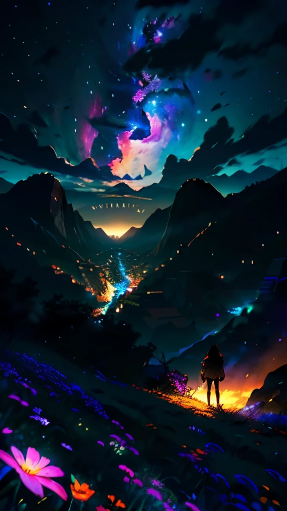 Expansive landscape photography, (view from below with a view of the sky and machupicchu below), girl standing in a field of flowers looking up, (full moon: 1.2), (shooting star: 0.9), (nebula: 1.3), distant mountain, treebreaking production art, (warm light source: 1.2), (firefly: 1.2), lamp, purple and orange, intricate detail, BREAK lighting volume (masterpiece: 1.2), (highest quality), 4K, ultra detailed, (dynamic settings: 1.4), very detailed and colorful details (iridescent: 1.2), (bright lighting, atmospheric lighting), dreamy, magical, (only: 1.2)