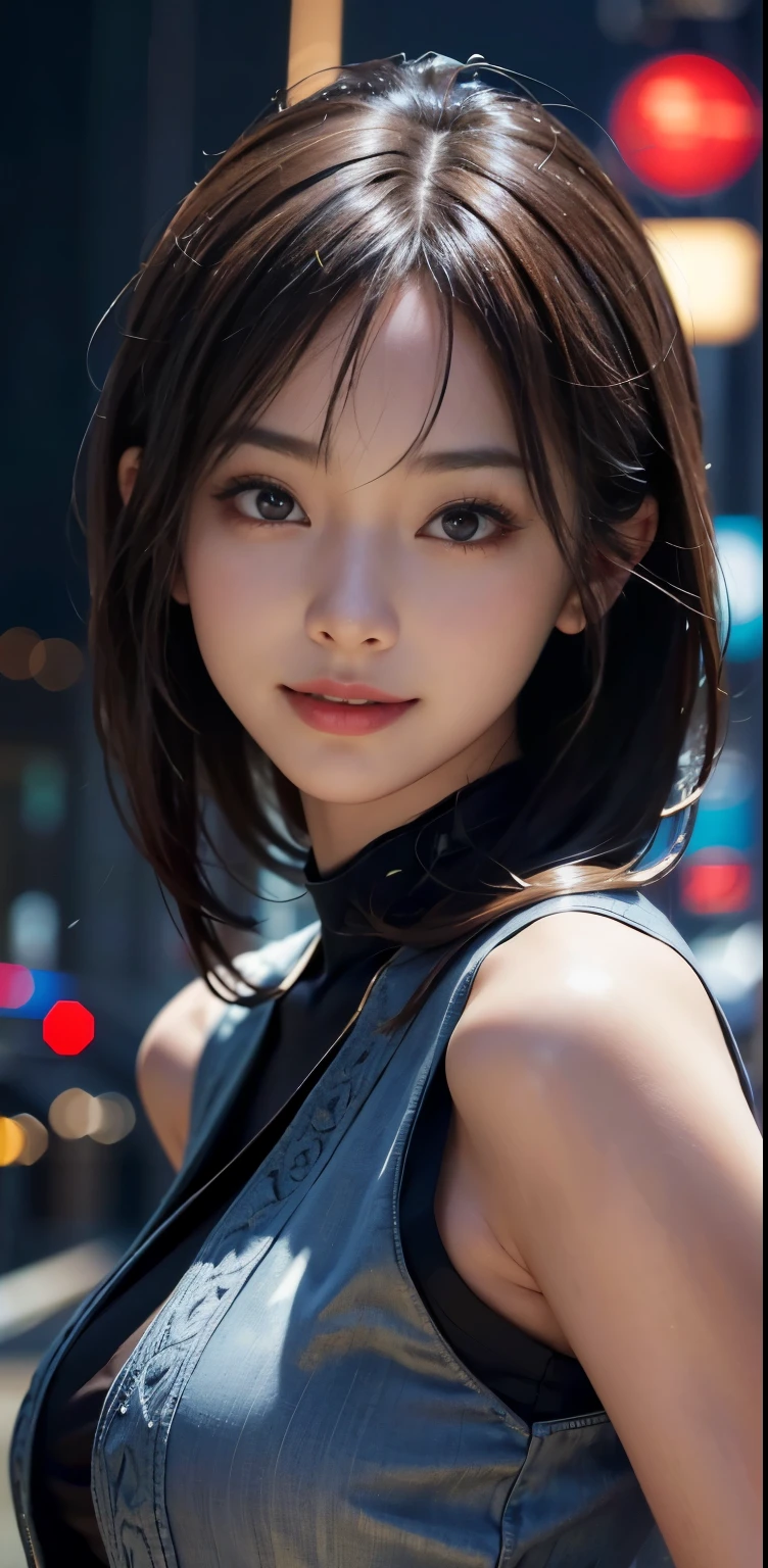 Masterpiece, 1 Beautiful Girl, Detailed, Swollen Eyes, Top Quality, Ultra High Resolution, (Reality: 1.4), Original Photo, 1Girl, Cinematic Lighting, Smiling, Japanese, Asian Beauty, Korean, Clean, Super Beautiful, Young Face, Beautiful Skin, Slender, Cyberpunk Background, (ultra realistic), (high resolution), (8K), (very detailed), (best illustration), (beautifully detailed eyes), (super detailed), (wallpaper), (detailed face), viewer looking, fine detail, detailed face, pureerosfaceace_v1, smiling, 46 point slanted bangs, looking straight ahead, neat clothes, dark colored eyes, clothes sleeveless, body facing front,