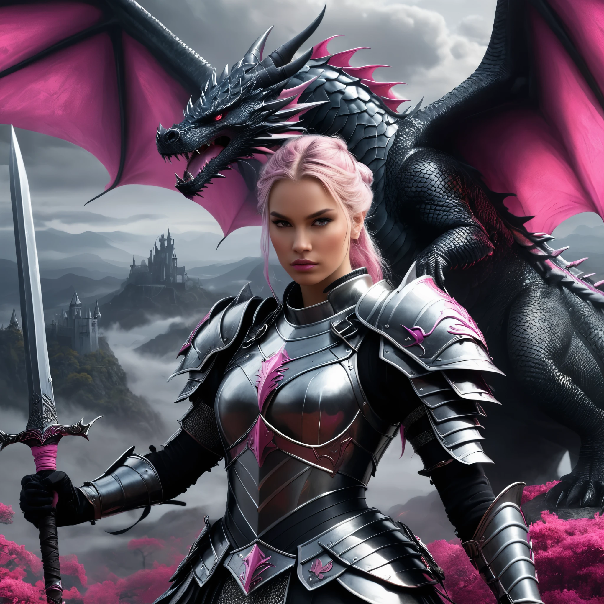 Create a detailed illustration featuring a knight warrior princess holding fairypunk weapons, set against a black canvas with sinister landscapes. The scene should include a dragon breathing fire next to the warrior princess. The color scheme should focus on light gray and pink, creating a stark contrast. The illustration should be full of energy and very detailed, capturing the essence of a fierce warrior princess and her powerful dragon in a foreboding yet captivating landscape.900bpi 100mb hiperdetalhes