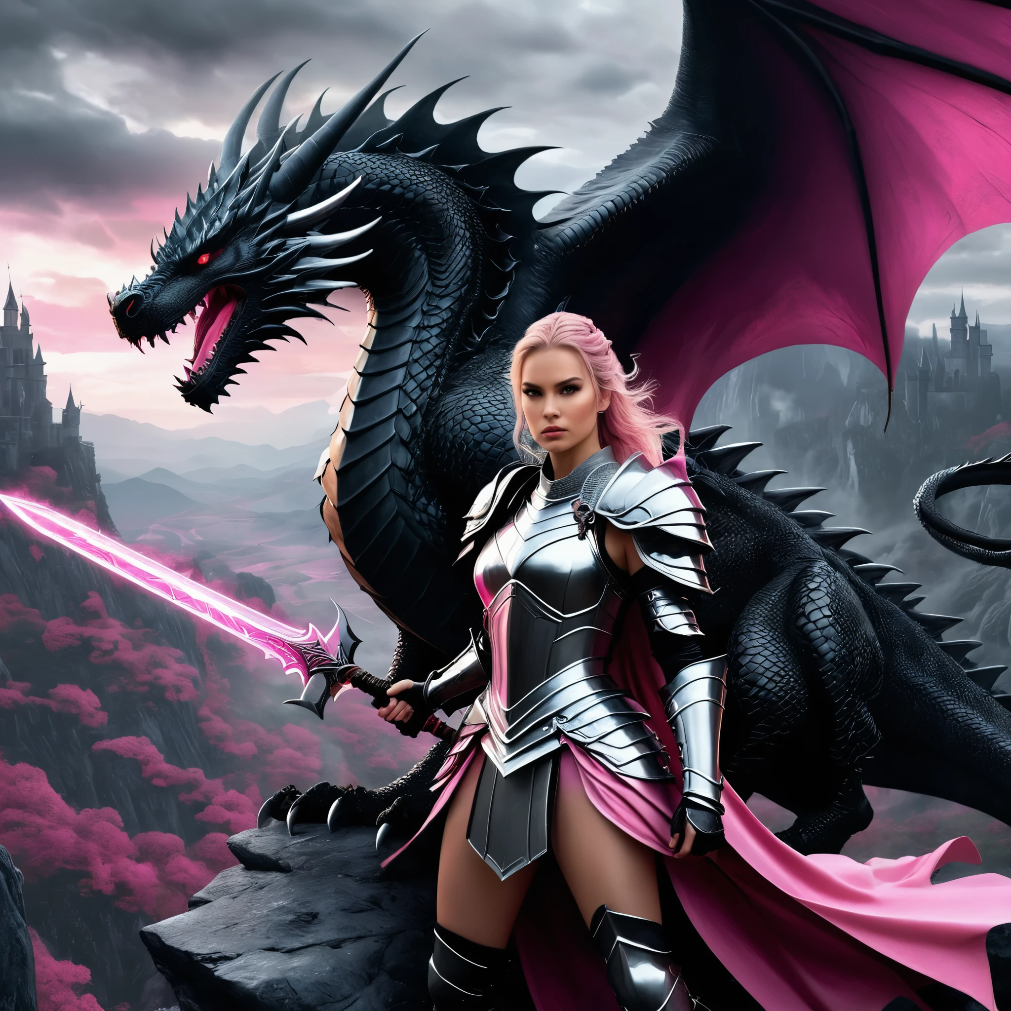 Create a detailed illustration featuring a knight warrior princess holding fairypunk weapons, set against a black canvas with sinister landscapes. The scene should include a dragon breathing fire next to the warrior princess. The color scheme should focus on light gray and pink, creating a stark contrast. The illustration should be full of energy and very detailed, capturing the essence of a fierce warrior princess and her powerful dragon in a foreboding yet captivating landscape.900bpi 100mb hiperdetalhes
