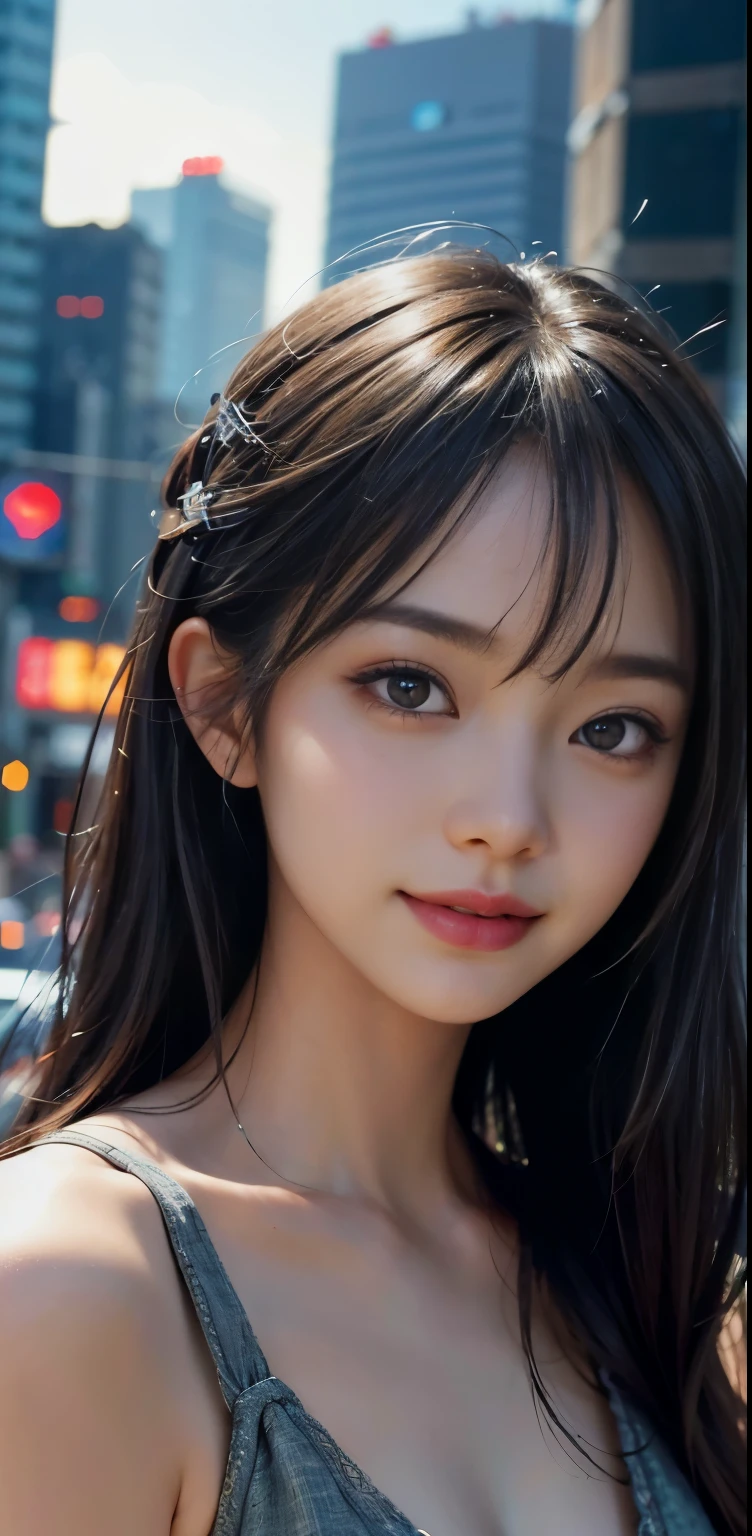 Masterpiece, 1 Beautiful Girl, Detailed, Swollen Eyes, Top Quality, Ultra High Resolution, (Reality: 1.4), Original Photo, 1Girl, Cinematic Lighting, Smiling, Japanese, Asian Beauty, Korean, Clean, Super Beautiful,  Young Face, Beautiful Skin, Slender, Cyberpunk Background, (ultra realistic), (high resolution), (8K), (very detailed), (best illustration), (beautifully detailed eyes), (super detailed), (wallpaper), (detailed face), viewer looking, fine detail, detailed face, pureerosfaceace_v1, smiling, 46 point slanted bangs, looking straight ahead, neat clothes, dark colored eyes, clothes sleeveless, body facing front,