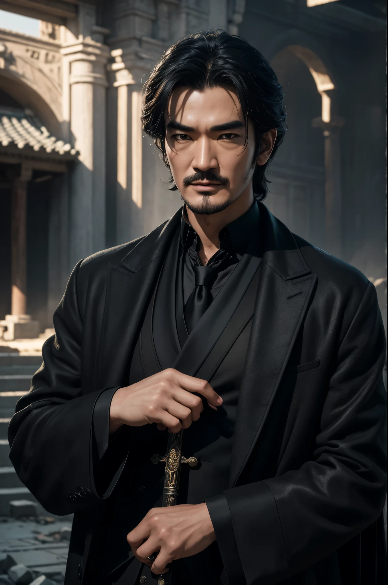 1 Super handsome men,((Surreal details)), Men in black coats with hoods,a smile,Bunching up black hair,Takeshi Kinjo Portrait, globalillumination, Shadow, octan render, 8K, ultrasharp,metal,convolution