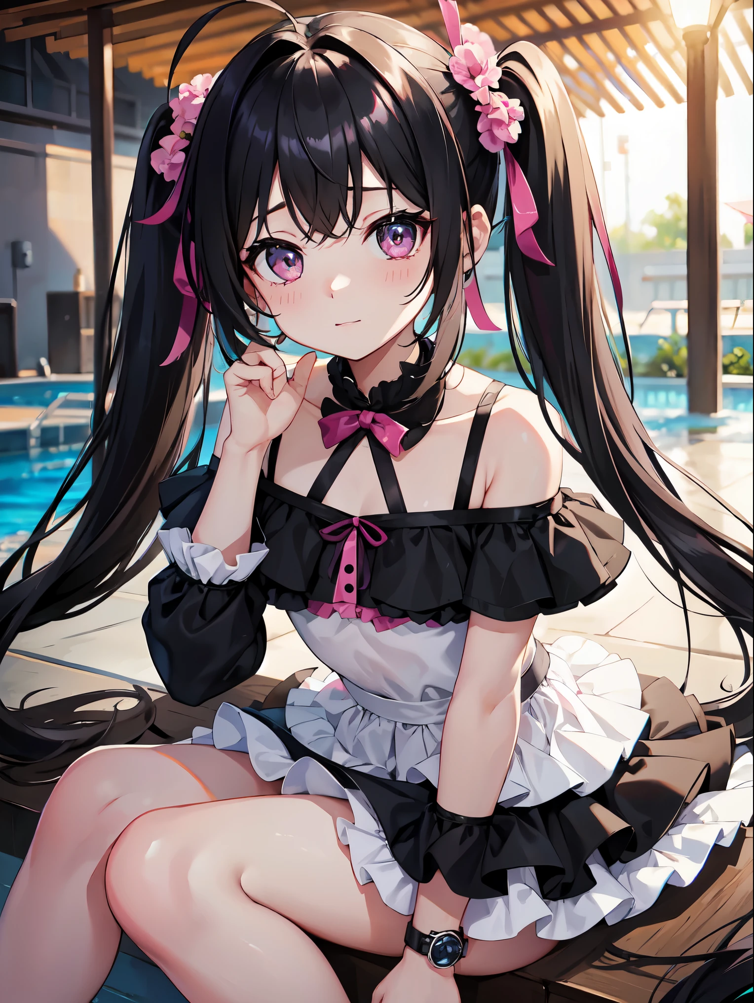 highest quality、one girl、black hair twintails、inner curl、black eye、pink cheek color under the eyes:1.3、small face、laughter、Black bikini with ruffles:1.5、:1.4、narrow、put your hand on your face:1.2、night、night pool、unmanned、watch here、View from the front、background blur