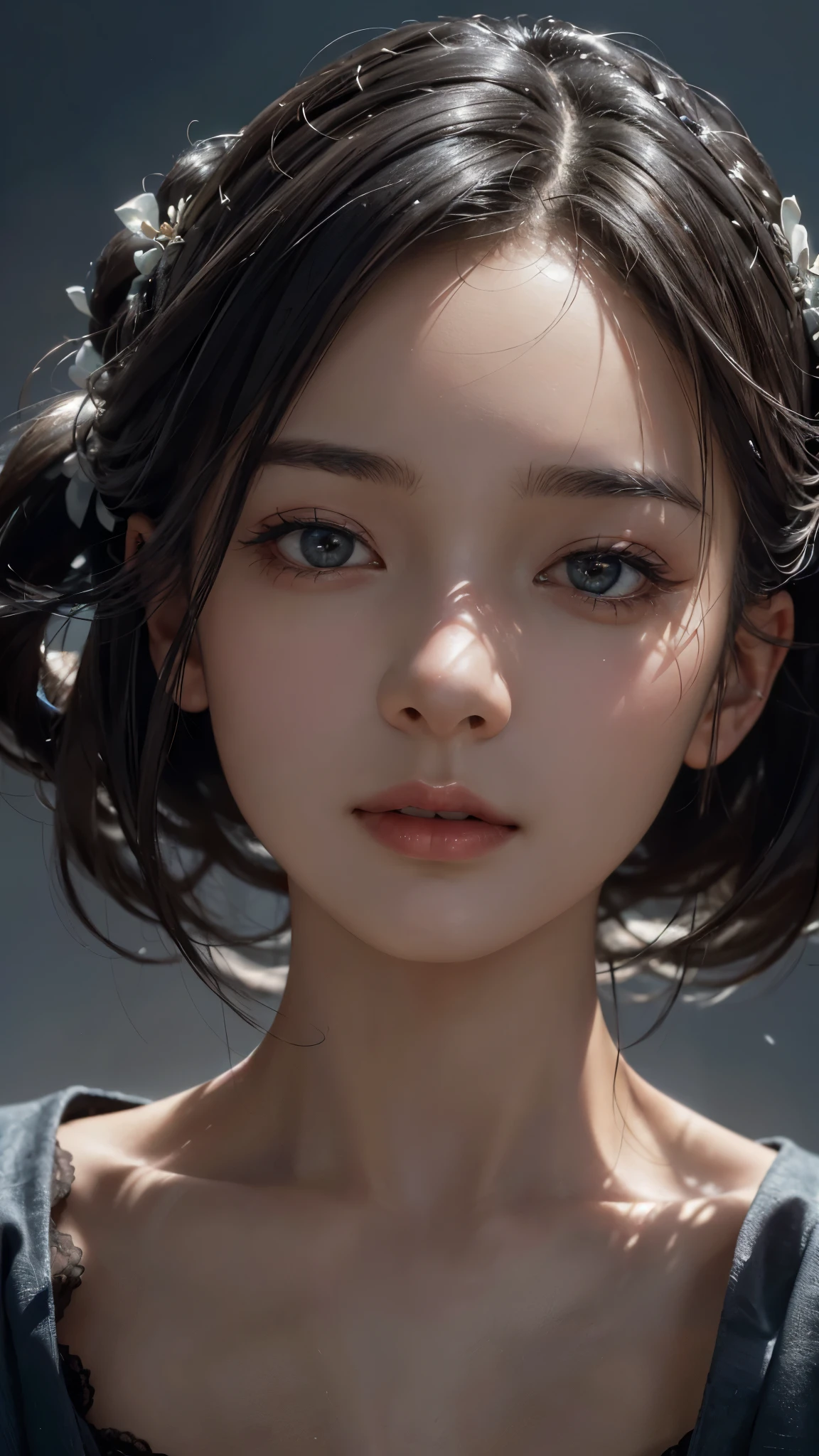 Behold the masterpiece within this exquisite 8K image, where the highest quality is emphasized through sharp focus and the depth of the bounds written. The woman, with her black Japanese hair cascading down her shoulders, is the subject of this stunningly beautiful close-up of her face. Her features are rendered in the most realistic way, with perfect light illuminating her every detail and HDR capturing the intricacies of her shadows. The skin texture is ultra-realistic, inviting you to explore every pore and wrinkle. The background, unfamiliar yet intriguing, is rendered with ultra-familiarity, adding depth and mystery to the scene.