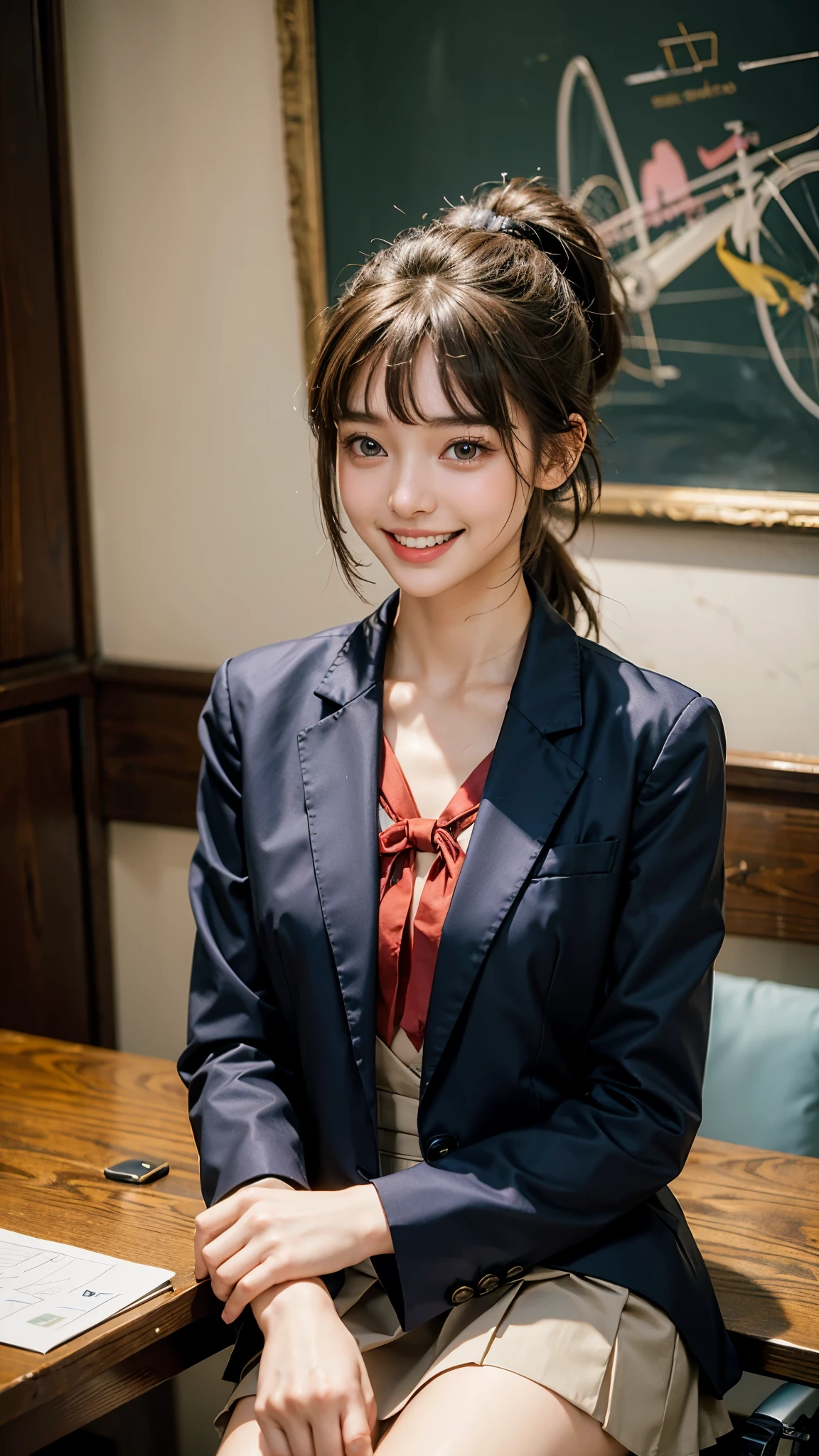 expensiveest quality, masterpiece, ultra expensive resolution, (realistic:1.4), 20-year-old,1 girl,Super expensive quality,8K,thinウエスト,thin脚,thin and beautiful arms,beautiful fingers,Sale eye makeup,thin,Medium chest,soft chest,(((High school bicycle storage))),expensive ,Blazer uniform and ribbon miniskirt,after school gathering,((ponytail and hair tie)),((Bangs short hair)),realistic,picture media chest)),((toothy smile)),((big smile))