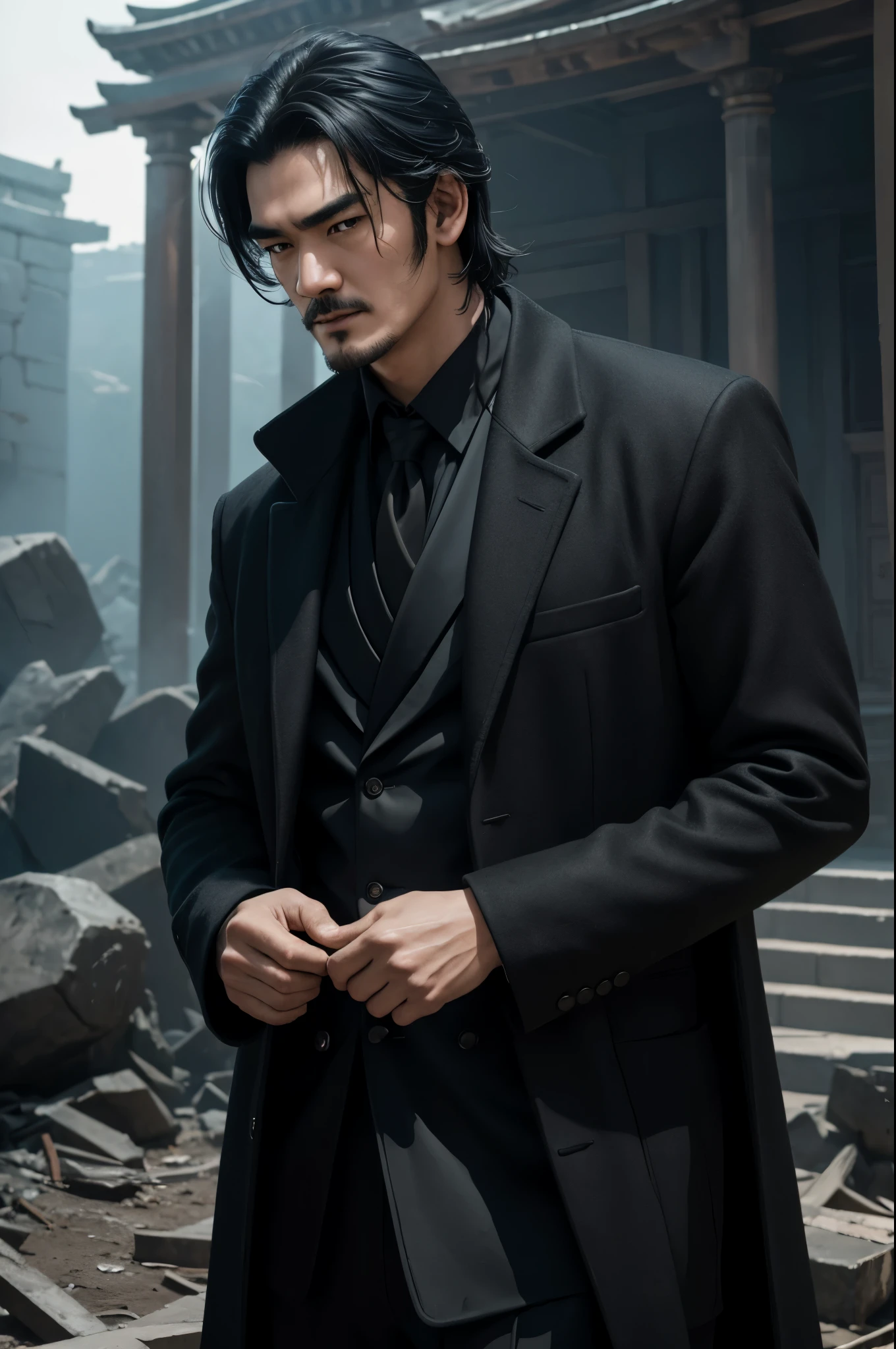 8K,1 Super handsome,((surreal details)), man wearing a luxurious black coat,laughter,Bunching up black hair,Portrait of Takeshi Kaneshiro, global illumination, Shadow, octane rendering, 8K, super sharp,Metal,convolution,masterpiece,Photorealistic RAW photos of the highest quality。bright colors,rich colors, Backlight, cinematic lighting, film grain, to be born, 50MM lens, Nikon D850,detailed character art,fantasy art,ultra high resolution,super realistic skin,perfect hand shape,In front of the abandoned temple,TAKESHI KANESHIRO,