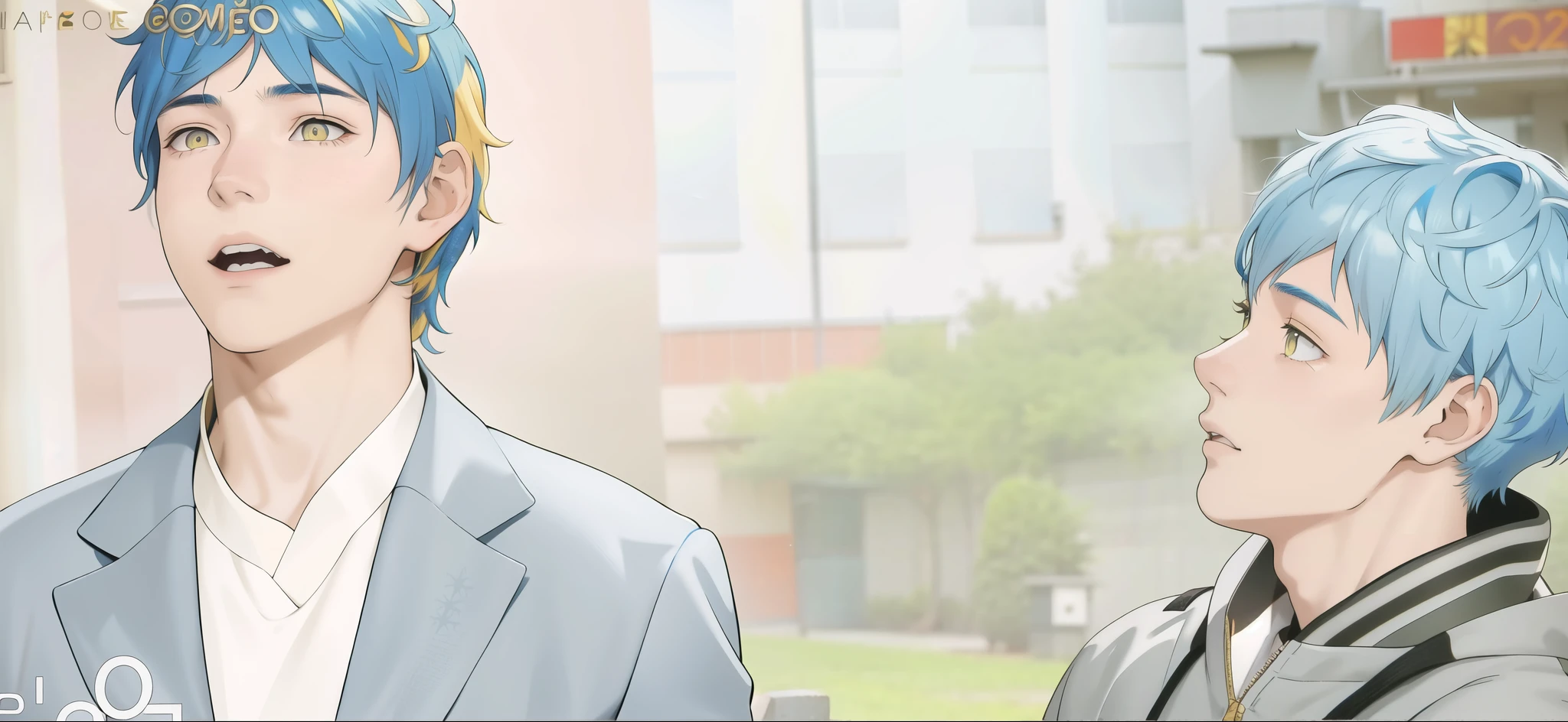 A -yeld boith blue hair is facing another boy with yellow hair and golden eyes.