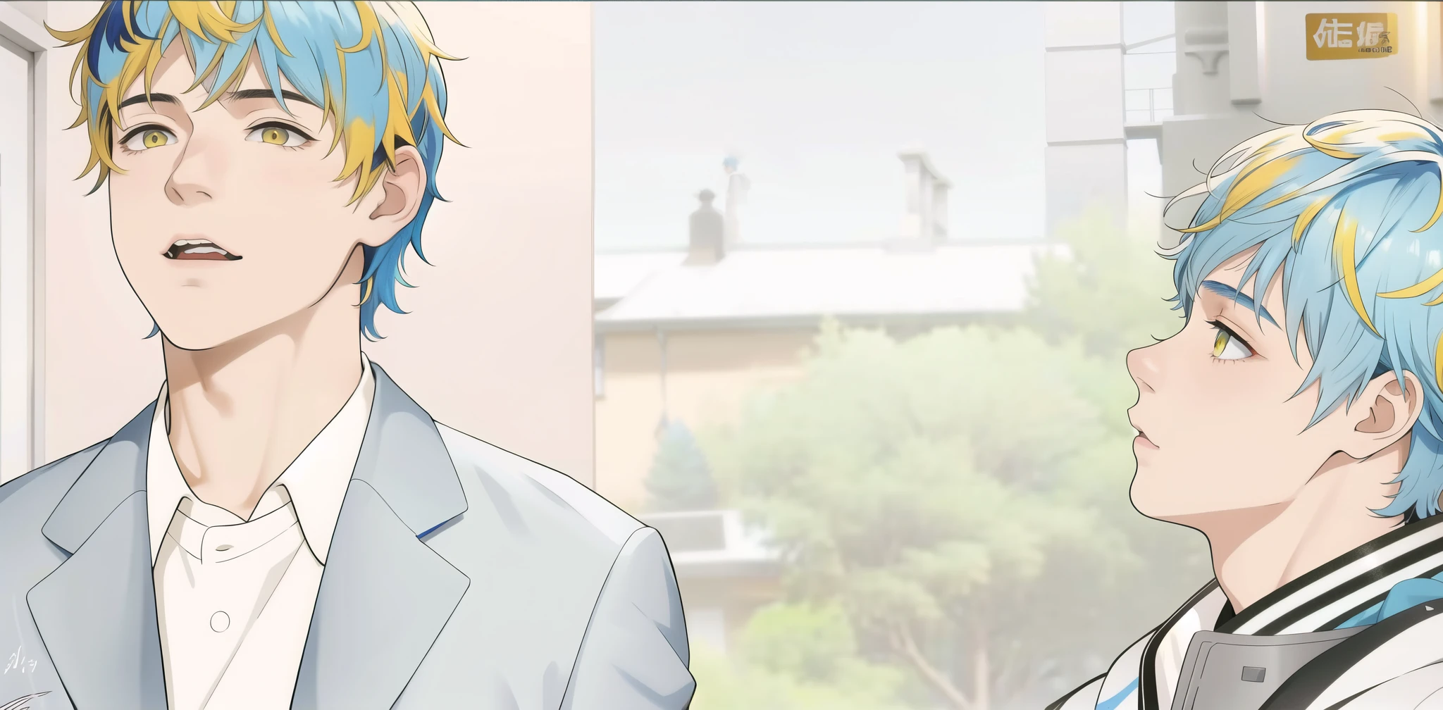 A 16-year-old boy with blue hair is facing another boy with yellow hair and golden eyes.