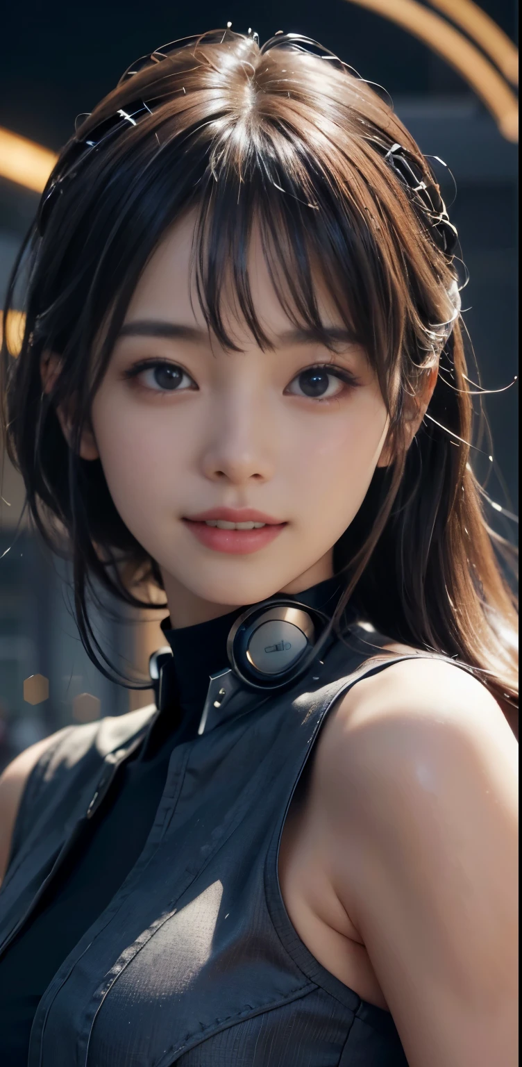 masterpiece、highest quality、8K、 ((Face shot close up)) 、1girl、(10 years old)、slender、Inverted triangular face、Lonely look、Short dark brown wet hair, Cyberpunk city at night、heavy rain、She is wearing a leather jacket, Leather choker, Dramatic lighting,