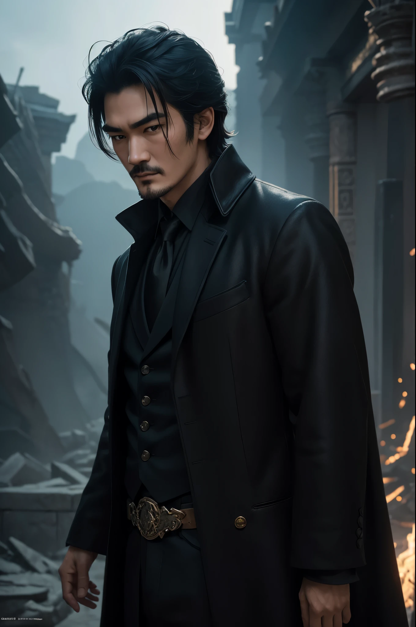 8K,1 Super handsome,((surreal details)), man wearing a luxurious black coat,laughter,tie long black hair,Young Takeshi Kaneshiro portrait, black slacks,global illumination, Shadow, octane rendering, 8K, super sharp,Metal,convolution,masterpiece,Photorealistic RAW photos of the highest quality。bright colors,rich colors, Backlight, cinematic lighting, film grain, to be born, 50MM lens, Nikon D850,detailed character art,fantasy art,ultra high resolution,super realistic skin,perfect hand shape,In front of the abandoned temple,TAKESHI KANESHIRO,