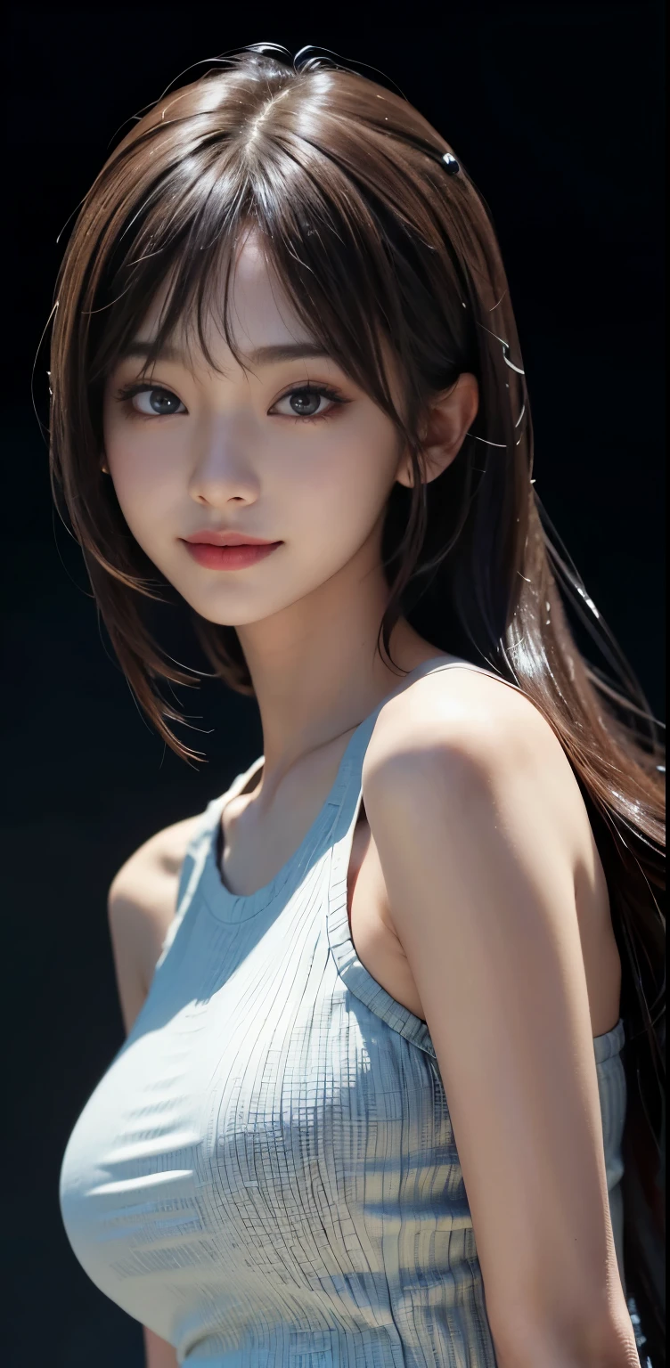 Masterpiece, 1 Beautiful Girl, Detailed, Swollen Eyes, Top Quality, Ultra High Resolution, (Reality: 1.4), Original Photo, 1Girl, Cinematic Lighting, Smiling, Japanese, Asian Beauty, Korean, Clean, Super Beautiful, Little Young Face, Beautiful Skin, Slender, Cyberpunk Background, (ultra realistic), (high resolution), (8K), (very detailed), (best illustration), (beautifully detailed eyes), (super detailed), (wallpaper), (detailed face), viewer looking, fine detail, detailed face, pureerosfaceace_v1, smiling, 46 point slanted bangs, looking straight ahead, neat clothes, dark colored eyes, clothes sleeveless, body facing front,