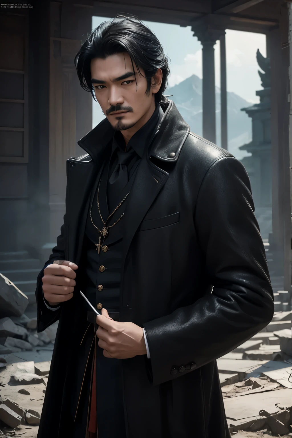 8K,1 Super handsome,((surreal details)), man wearing a luxurious black coat,laughter,Bunching up black hair,Portrait of Takeshi Kaneshiro, global illumination, Shadow, octane rendering, 8K, super sharp,Metal,convolution,masterpiece,Photorealistic RAW photos of the highest quality。bright colors,rich colors, Backlight, cinematic lighting, film grain, to be born, 50MM lens, Nikon D850,detailed character art,fantasy art,ultra high resolution,super realistic skin,perfect hand shape,In front of the abandoned temple,TAKESHI KANESHIRO,