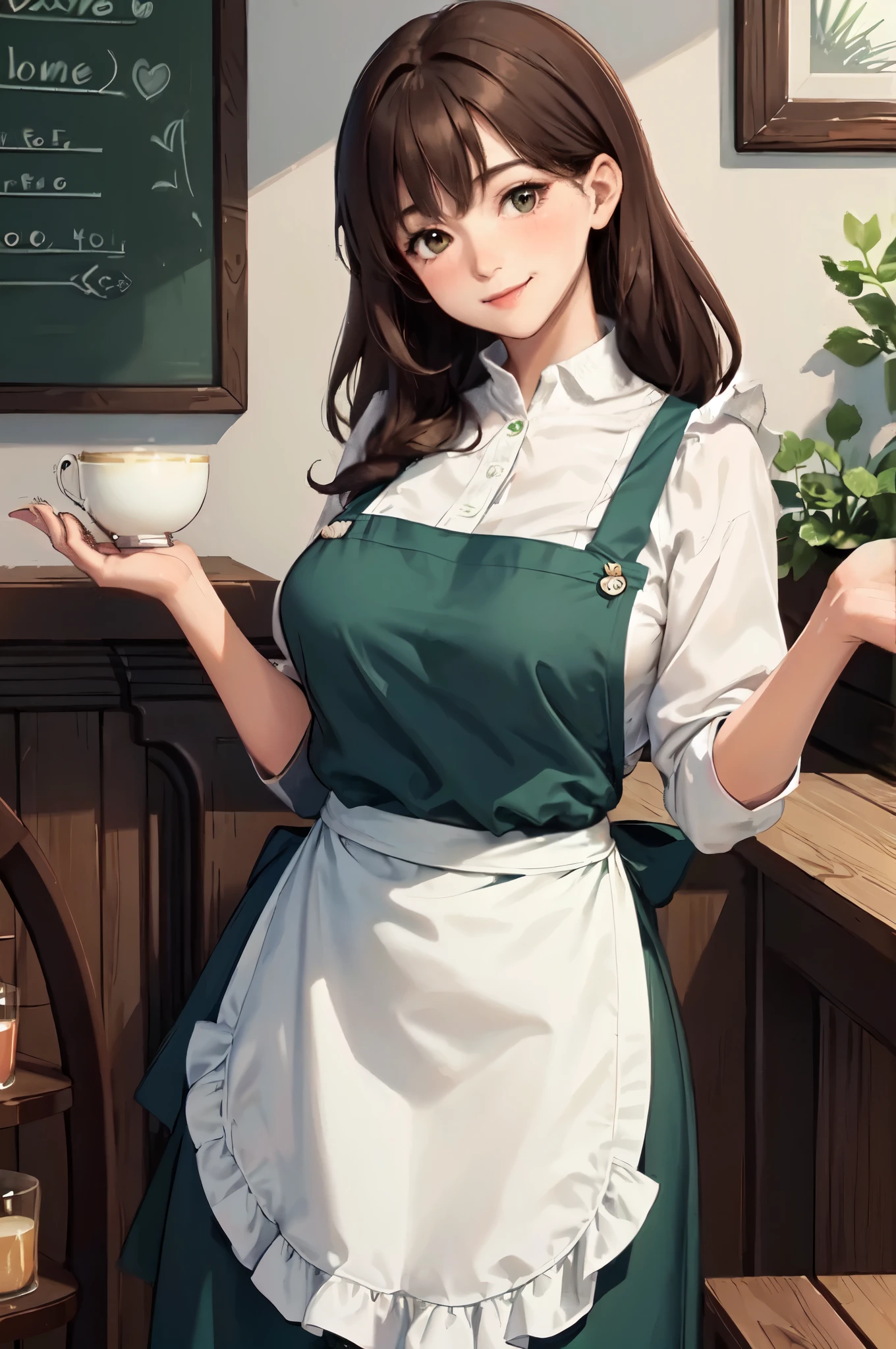 1lady solo, standing, (staff uniform) (deep green apron), /(brown hair/) bangs, blush kind smile, (closed mouth), (masterpiece best quality:1.2) delicate illustration ultra-detailed, large breasts BREAK (cafe shop) indoors