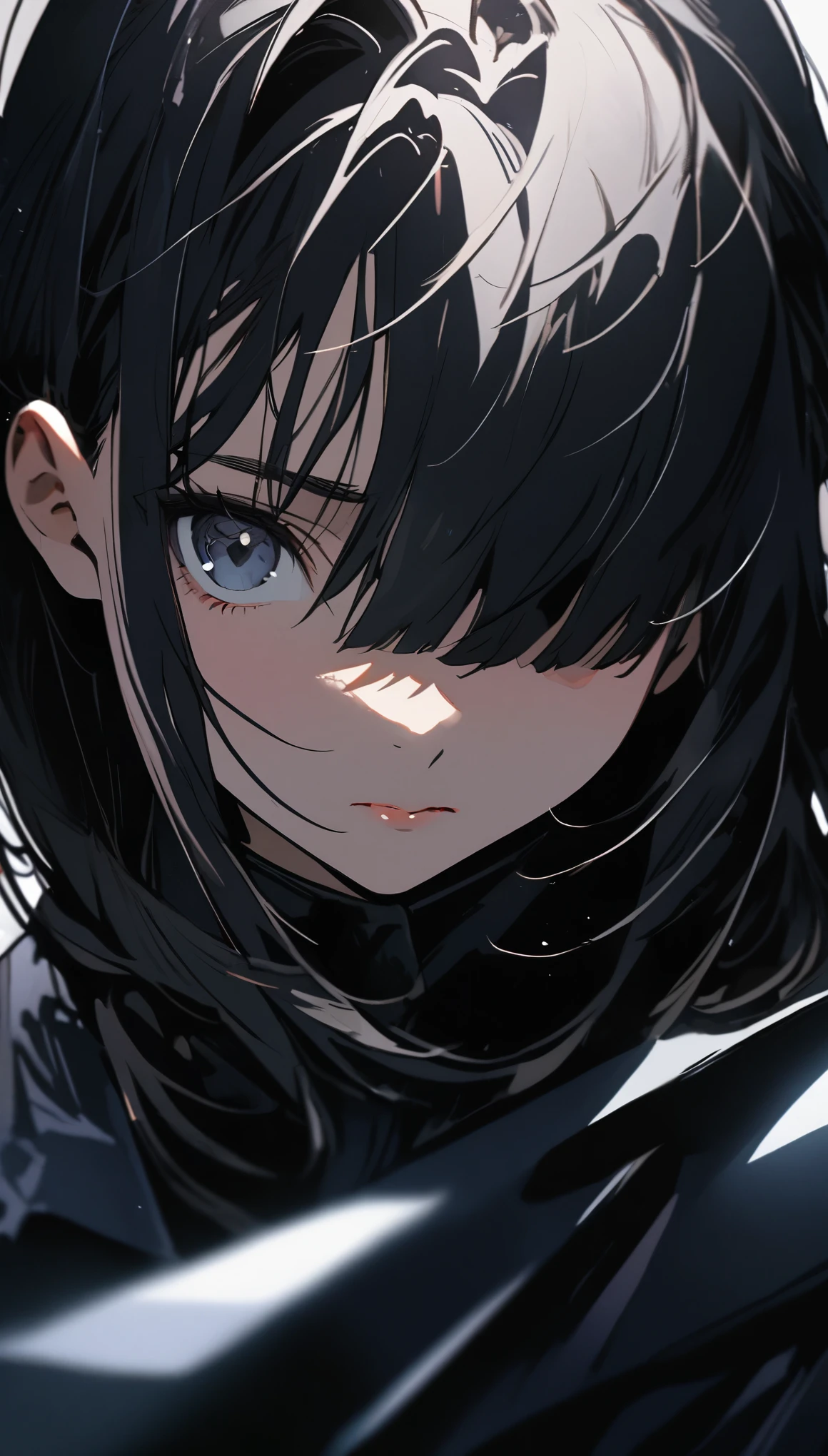Japanese girl portrait,alone,20 years,beautiful face,Upper body,hair above one eye,medium side cut, black hair, sharp focus,black business suit