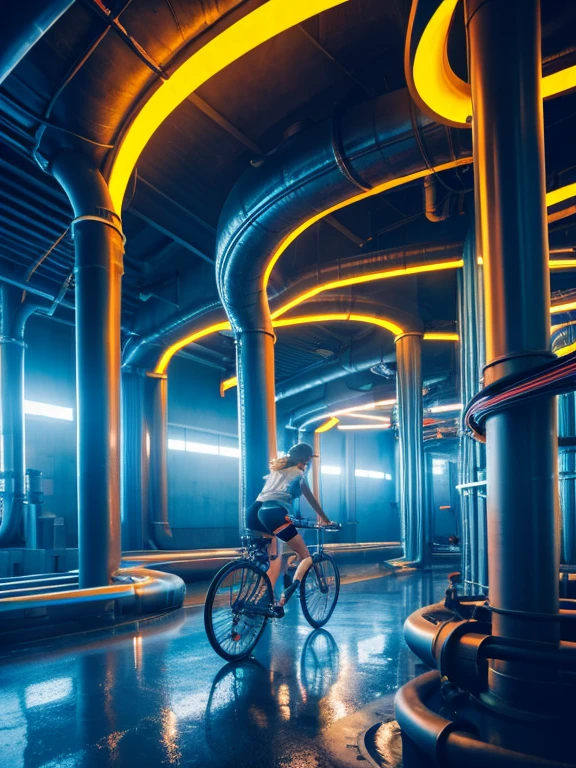 a girl rides a bicycle, in running shorts, short shorts, a room filled with lots of pipes and pipes, a digital rendering, flickr, futurism, lots of hanging cables and wires, glowing blue interior components, industrial photography, complex machinery
