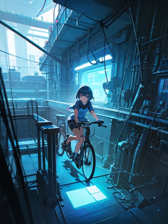 a girl rides a bicycle, in running shorts, short shorts, a room filled with lots of pipes and pipes, a digital rendering, flickr, futurism, lots of hanging cables and wires, glowing blue interior components, industrial photography, complex machinery