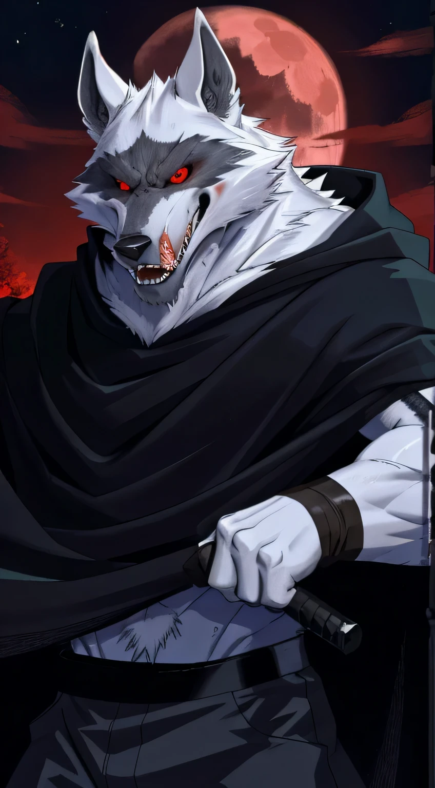 death wolf, 1 boy, alone, Colored sclera, Red eyes, hairy, Big long black old shabby cloak, white fur, upper body shot, human nature, (frown:1.2), (angry:1.5), (open your eyes:1.5), holding sickle in hand, (expectations:1.5) , male, muscular, High, muscular human nature, (Sweat:1.4), muscular male, aged, empty, (Bottoms:1.2), 8k HD, Extreme details, Detailed background, dark cave, red sky, Bright big moon, author:Pino Deheni, (by ruadri), by virtyalfobo