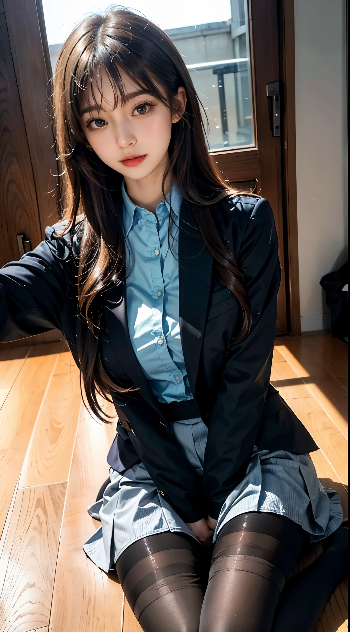 A woman in a skirt and jacket is sitting on the floor, hyper現実的なhigh school girl, a hyper現実的なhigh school girl, かわいいhigh school girl, 現実的なhigh school girl, wearing japanese school uniform, japanese school uniform, high school girlの格好をした, japanese girl uniform, wearing school uniformいる, wearing , (super realistic pantyhose:1.3), high school girl, of posing, girl in uniform