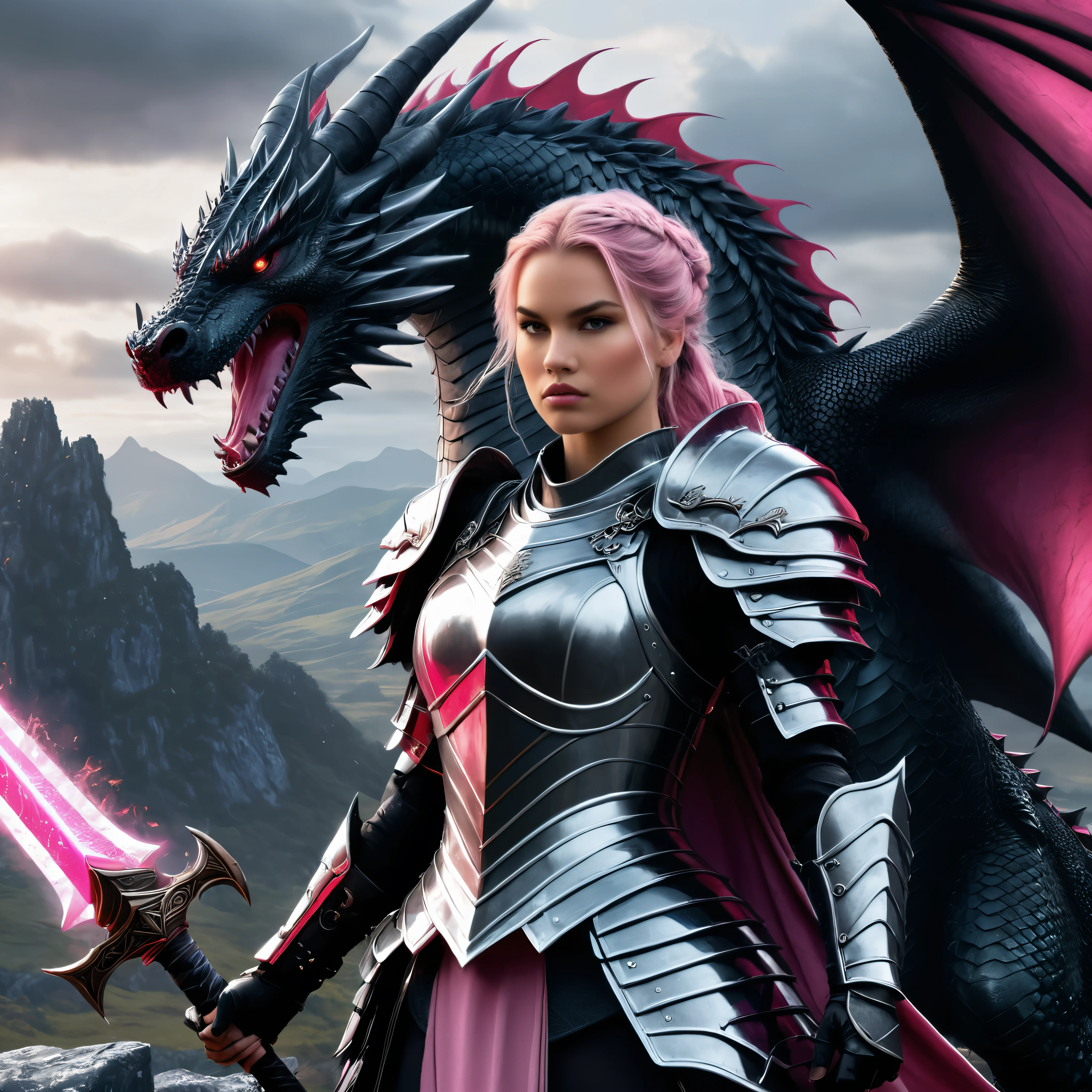 Create a detailed illustration of a knight warrior princess holding fairypunk weapons, contra uma tela preta com paisagens sinistras. The scene should include a fire-breathing dragon alongside the warrior princess. O esquema de cores deve focar em cinza claro e rosa, criando um contraste gritante. The illustration must be full of energy and very detailed, capturing the essence of a fierce warrior princess and her mighty dragon in a foreboding landscape, mas cativante.900bpi 100mb hiperdetalhes