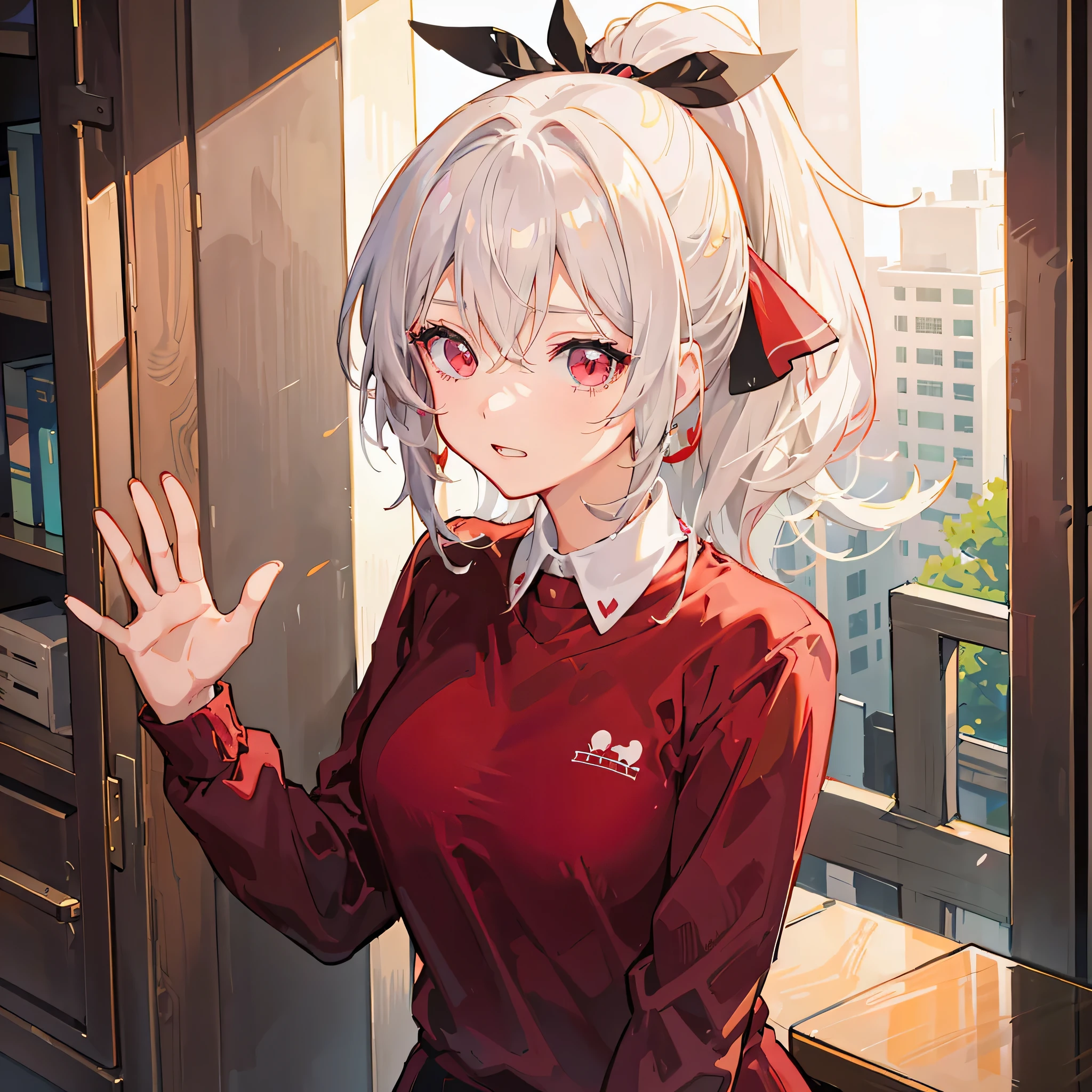 Anime girl in red shirt and black skirt standing in front of the window, Anime cute art style, Anime visual of a cute girl, Portrait anime girl, Digital animated illustration, young anime girl, cute anime girl portrait, cute anime girl, Portrait of an anime girl, cute anime girl portraits, anime style portrait, Beautiful anime portrait, portrait of cute anime girl