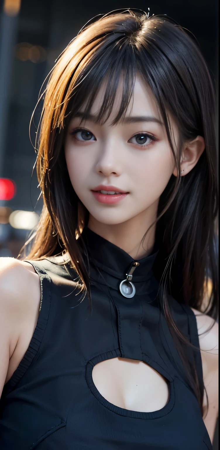 Masterpiece, 1 Beautiful Girl, Detailed, Swollen Eyes, Top Quality, Ultra High Resolution, (Reality: 1.4), Original Photo, 1Girl, Cinematic Lighting, Smiling, Japanese, Asian Beauty, Korean, Clean, Super Beautiful, Little Young Face, Beautiful Skin, Slender, Cyberpunk Background, (ultra realistic), (high resolution), (8K), (very detailed), (best illustration), (beautifully detailed eyes), (super detailed), (wallpaper), (detailed face), viewer looking, fine detail, detailed face, pureerosfaceace_v1, smiling, 46 point slanted bangs, looking straight ahead, neat clothes, dark colored eyes, clothes sleeveless, body facing front,