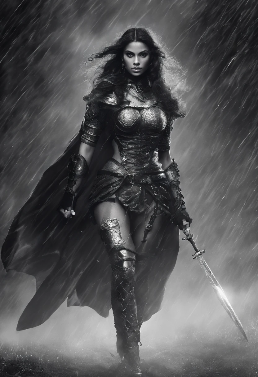A woman IN MEDIEVAL WARRIOR OUTFIT, STEEL SWORD IN HAND, Focus on the front part, becomes a curvy physique, Beyonce fit toned, thick, thick thieves, Beyonce fit, fit woman, fitness model, muscular Thighs , Physical fitness, Thighs! toned body, giant breasts, ebony skin tone, long wavy hair, giantess woman, slim body, on BATTLEFIELD, heavy rain, fog, wet body, Cinematic: BLACK AND WHITE, excellent lighting