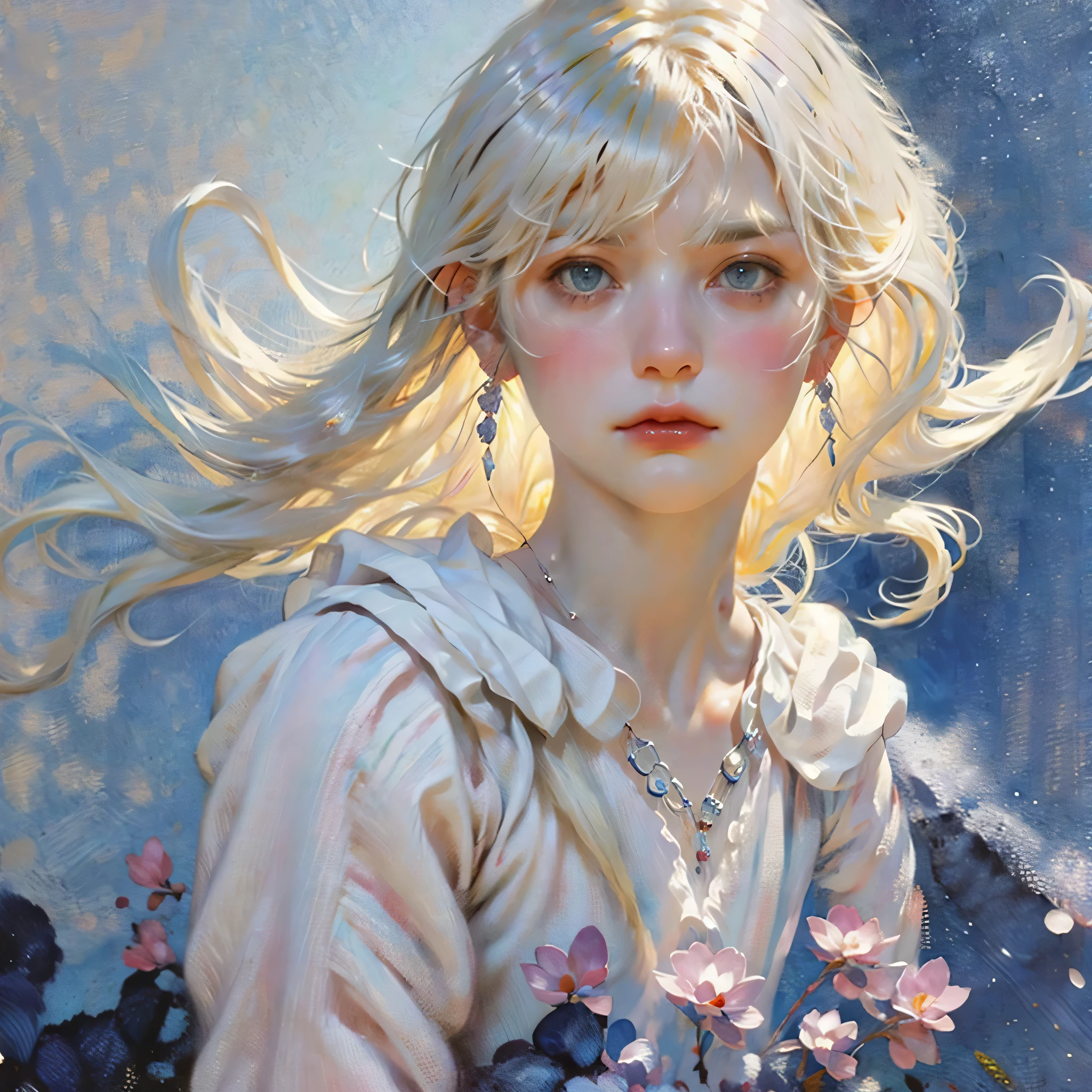 (front focus), light blue background, portrait of blondie female by ruan jia, dynamic lighting, volumetric lighting, 1girl, low key, long white hair, long hair, white hair, impressionism, large brush strokes