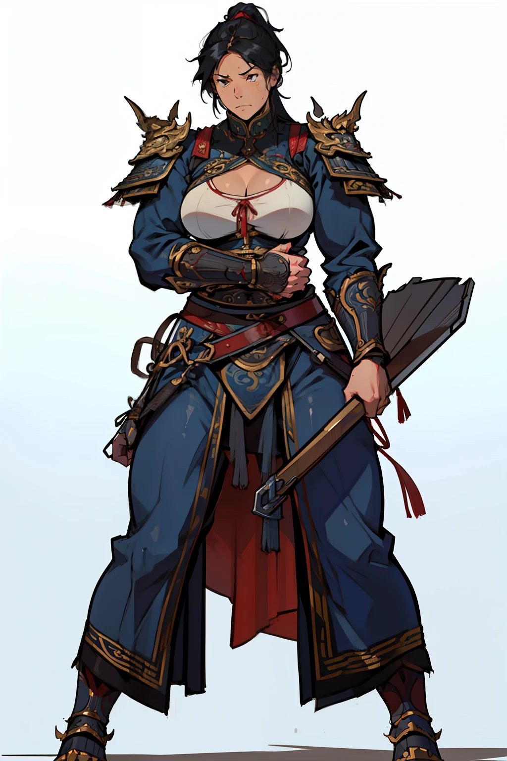 (high resolution, pixel perfect, gorgeous illustrations), (hyper quality, muste piece, etheric: 1.4), ((1girl)), (((((fighting stance))))), (((((pussy))))), ((tattoo)), ((mature woman)), cool atmosphere, ((((expressionless)))), (((((((muscular))))))), ((thick thighs)), (((wide hips))), ((Big breasts that are about to burst)), fighter, (((woman))), ((((wh_chi_armor)))), lewd woman, (shiny skin), sweat, simple background,