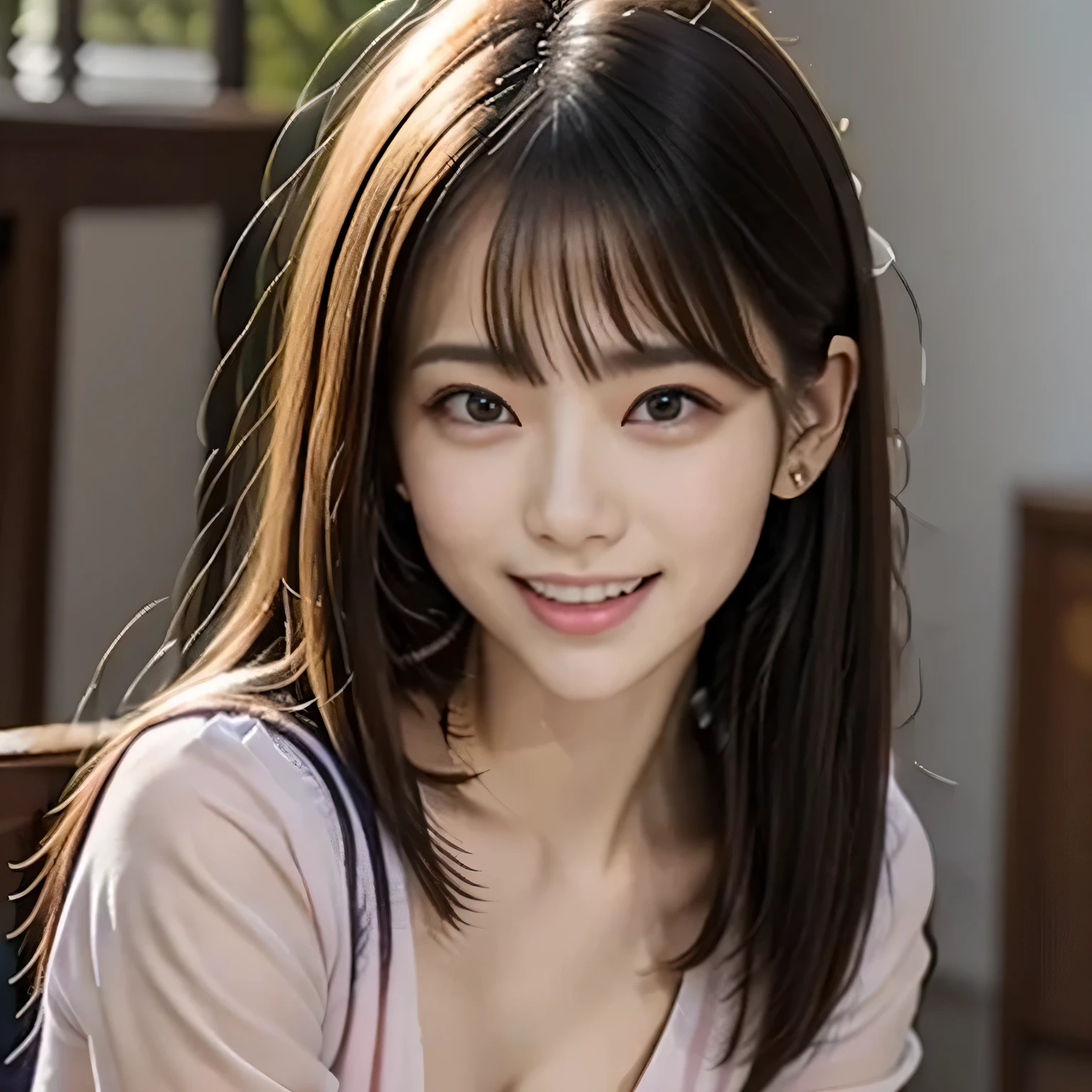 (Photoreal:1.4), (Super detailed), (highest quality), (best shadow), (masterpiece), ultra high resolution, 1 female, alone, bob hair, (pink blouse:1.2), (big breasts), smile, portrait, Depth of written boundary, With background: (living room)