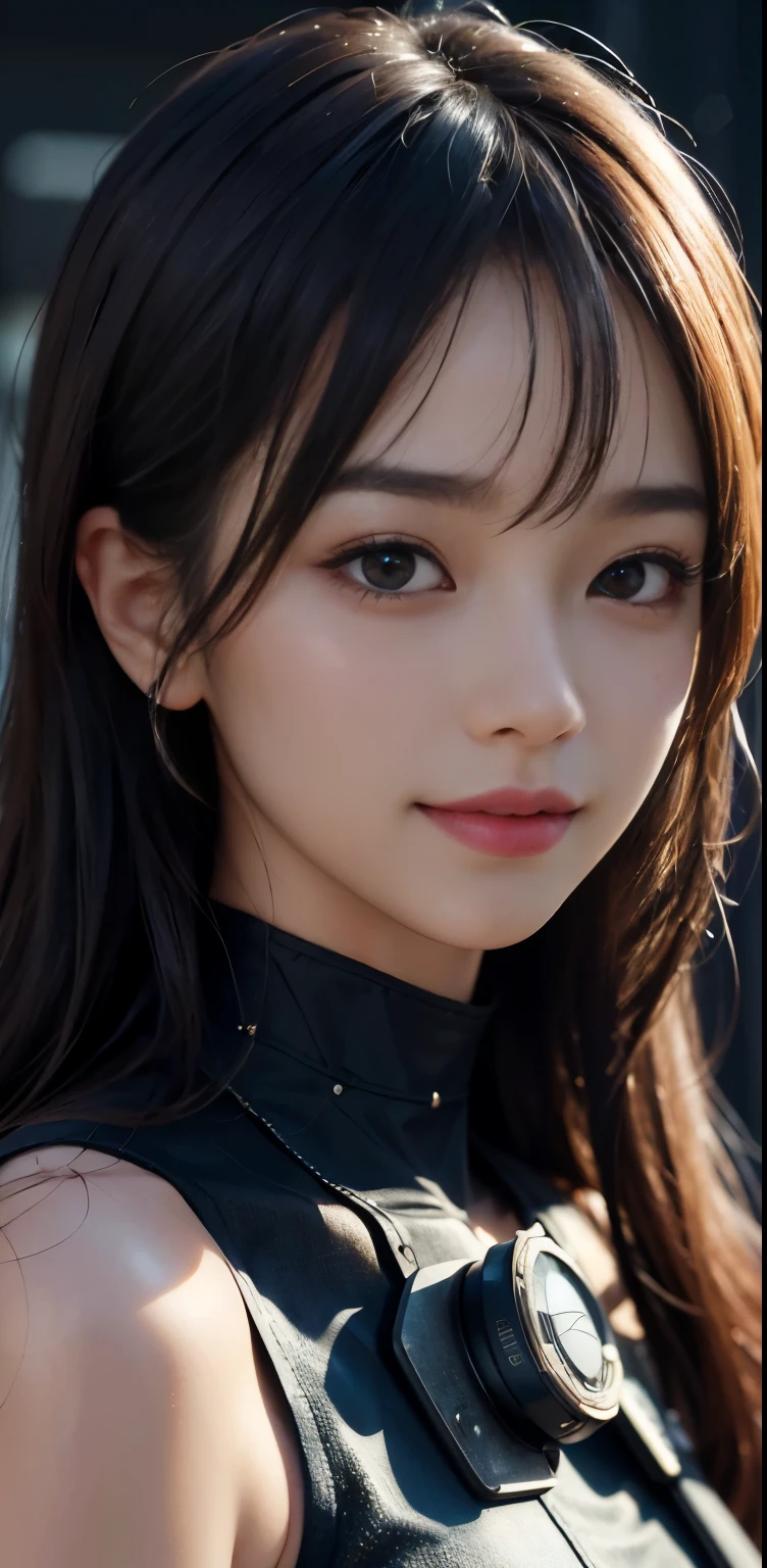 Masterpiece, 1 Beautiful Girl, Detailed, Swollen Eyes, Top Quality, Ultra High Resolution, (Reality: 1.4), Original Photo, 1Girl, Cinematic Lighting, Smiling, Japanese, Asian Beauty, Korean, Clean, Super Beautiful, Little Young Face, Beautiful Skin, Slender, Cyberpunk Background, (ultra realistic), (high resolution), (8K), (very detailed), (best illustration), (beautifully detailed eyes), (super detailed), (wallpaper), (detailed face), viewer looking, fine detail, detailed face, pureerosfaceace_v1, smiling, 46 point slanted bangs, looking straight ahead, neat clothes, dark colored eyes, clothes sleeveless, body facing front,