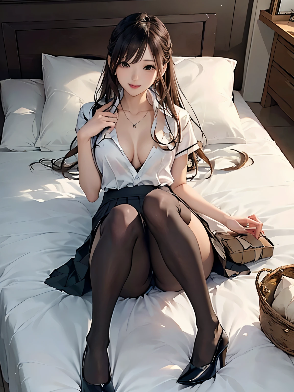 ((Biologically correct number of limbs))、(( Full body photo including face、head to toe photo))、standing position、[NSFW]、4K、masterpiece、((focus on the face))、((Symmetrical facial features))、Eyes of minute description、Beautiful woman、outstanding style、beautiful clavicle、beautiful legs、(small ass、thin thighs）、Detailed depiction of faces、small earrings、necklace、(blazer、shirt、skirt、pantyhose、high heels）、Bedroom view、clear、smile、、Upper body close-up photo、realistic pictures、lie down on the bed、
