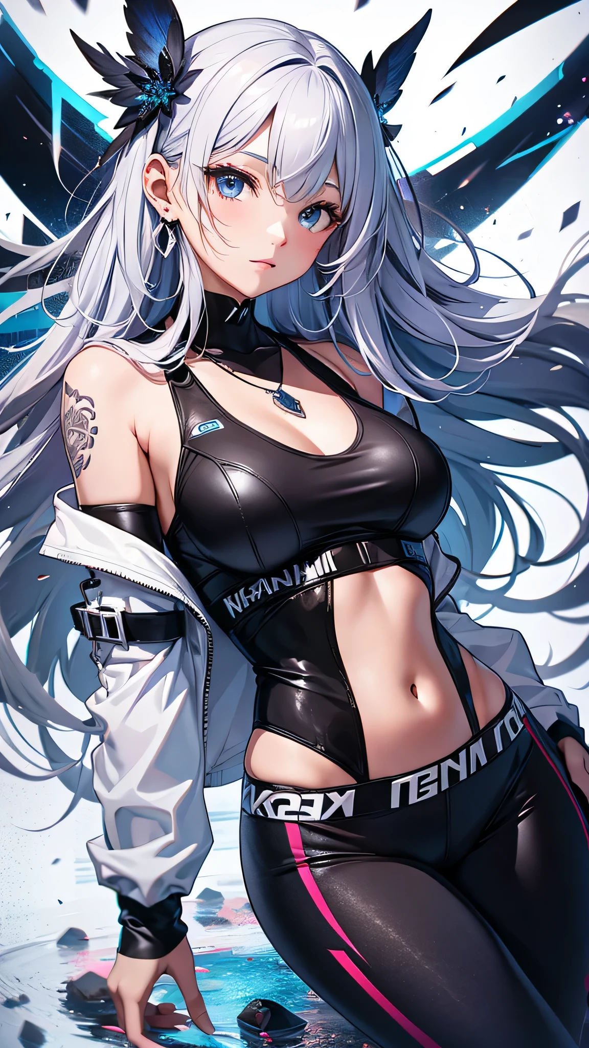(Enrich the picture,Masterpiece level quality)Beautiful 8K CG artwork,1girl,solo,morgan le fay (fate),detailed face, perfect face, perfect eyes,blue eyes,Long Hair, pony tail,Very long hair, big boob, black bow,Hair Bow, thights,side locks, French braid, grey hair,chuckle,Slim and soft,big breasts,Black Bikini,denim short shorts,open shorts,oversized white fur coat,white coat,hands in pocket,combat boots,