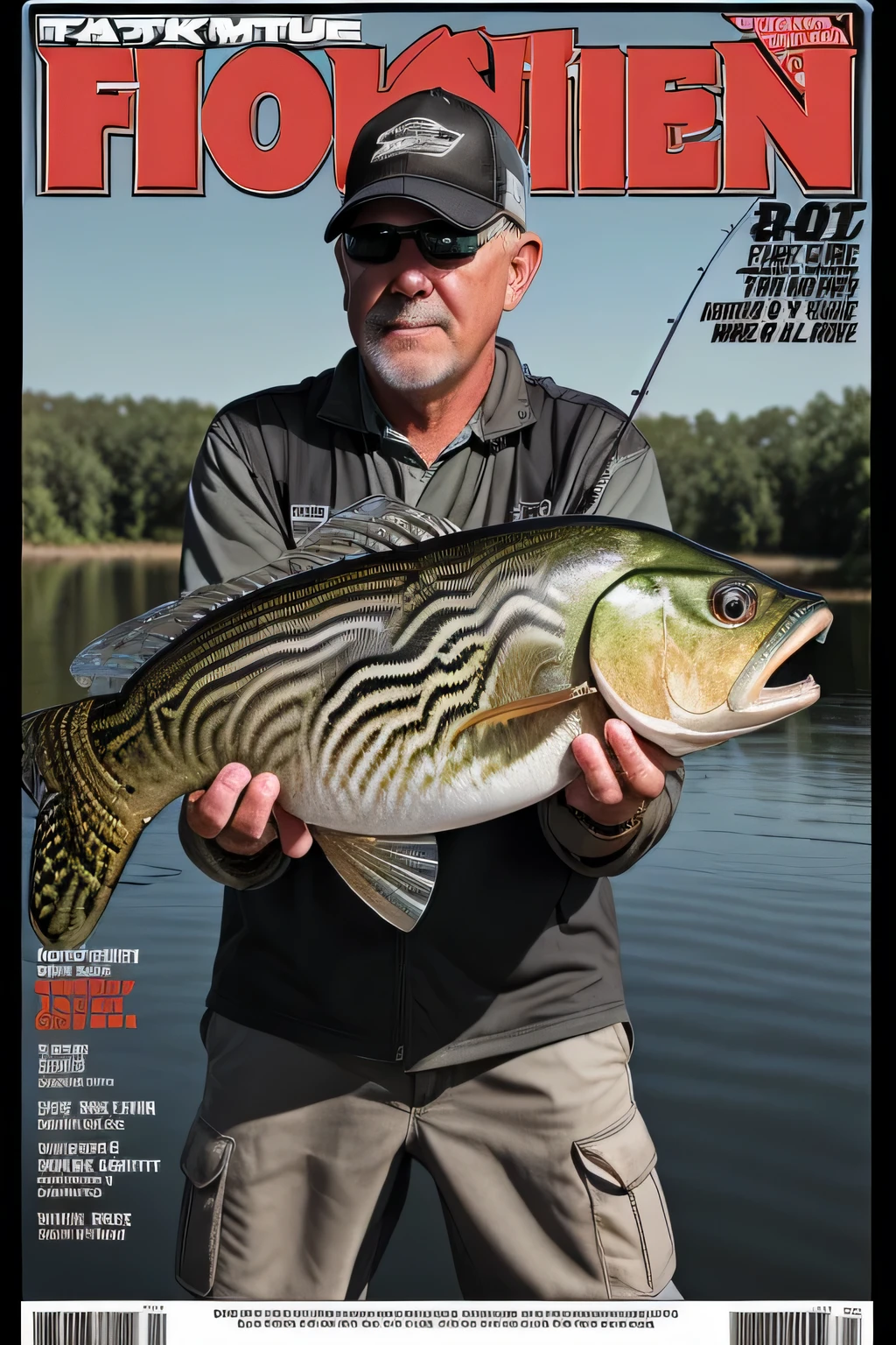 magazine cover, fishing magazine, black bus, lure, reel