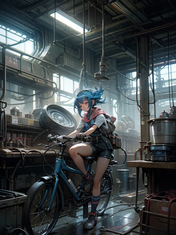 a girl rides a bicycle, in running shorts, short shorts, a room filled with lots of pipes and pipes, a digital rendering, flickr, futurism, lots of hanging cables and wires, glowing blue interior components, industrial photography, complex machinery