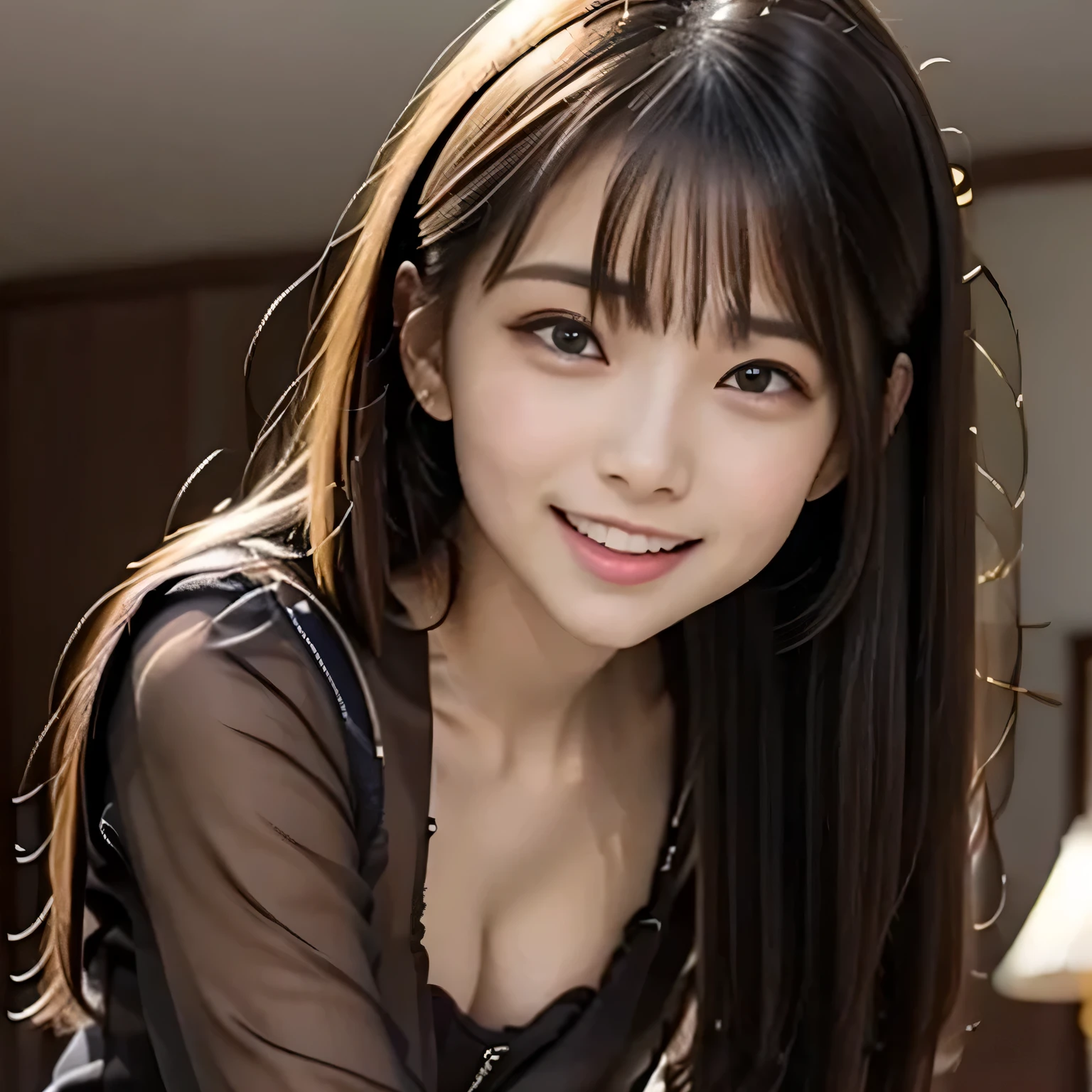 (Photoreal:1.4), (Super detailed), (highest quality), (best shadow), (masterpiece), ultra high resolution, 1 female, alone, bob hair, (brown blouse:1.2), (big breasts), smile, portrait, Depth of written boundary, With background: (living room)